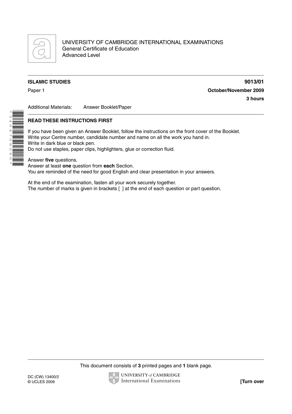 Cambridge A Level Islamic Studies 9013 2009 Oct/Nov Paper 1 · Variant 1 question paper, page 1 of 4