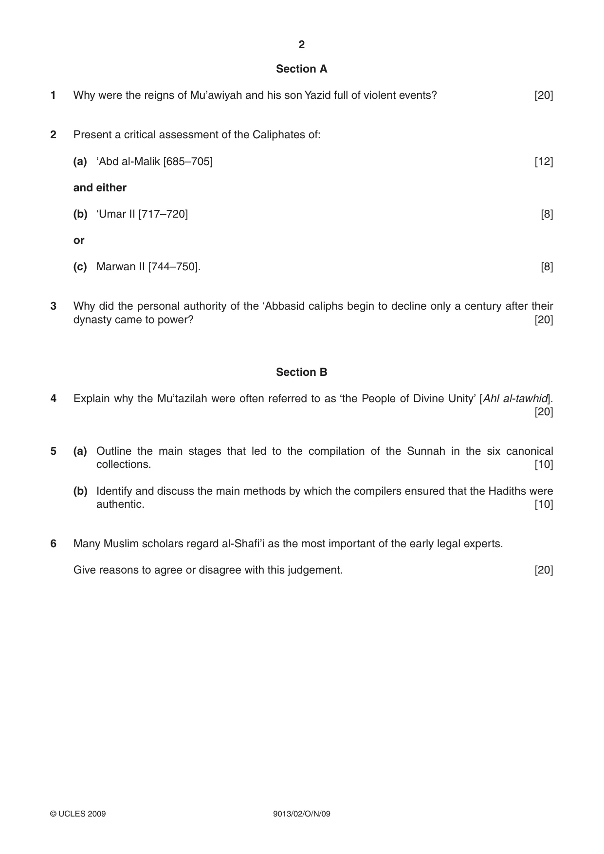 Cambridge A Level Islamic Studies 9013 2009 Oct/Nov Paper 2 · Variant 1 question paper, page 2 of 4