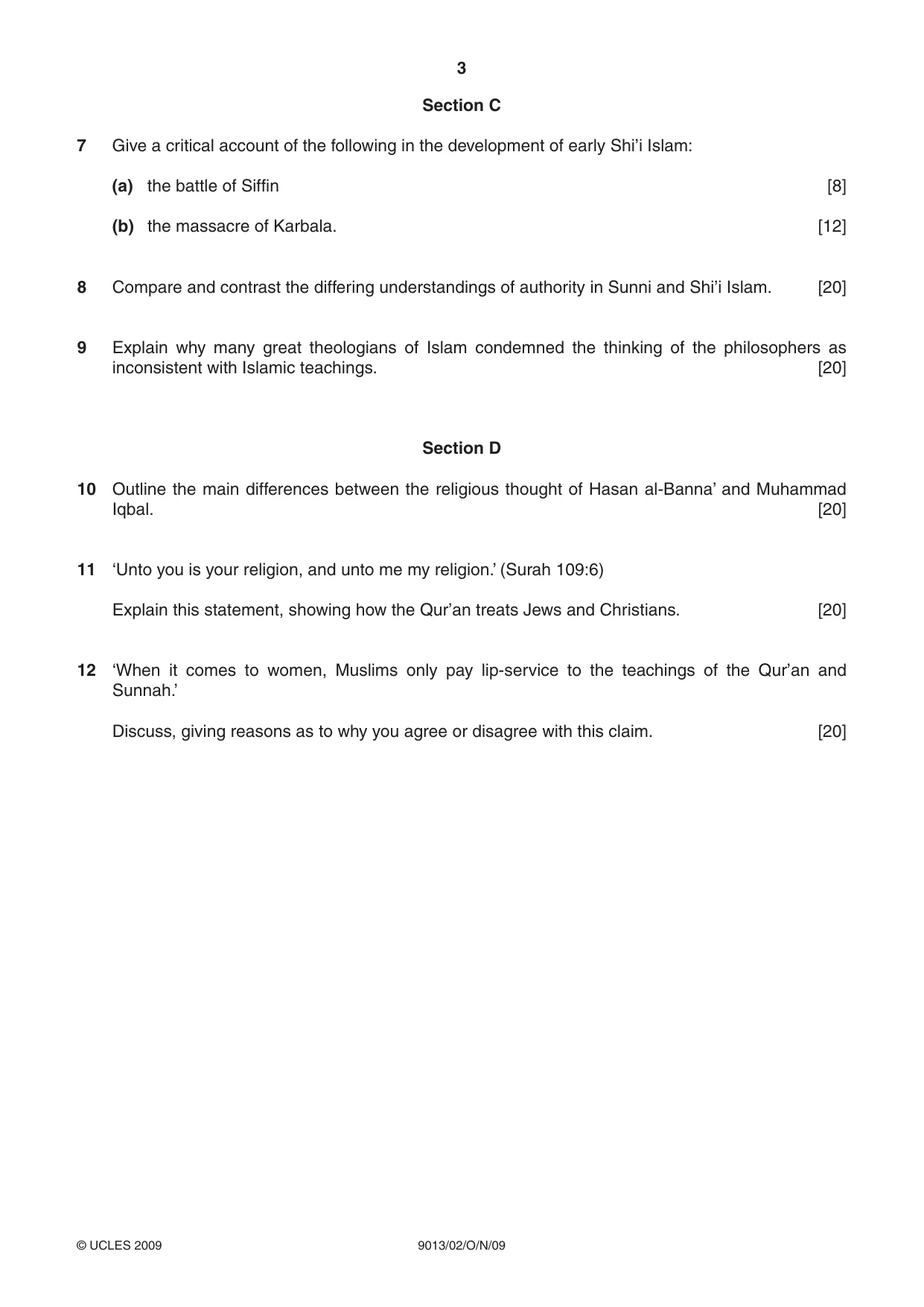 Cambridge A Level Islamic Studies 9013 2009 Oct/Nov Paper 2 · Variant 1 question paper, page 3 of 4