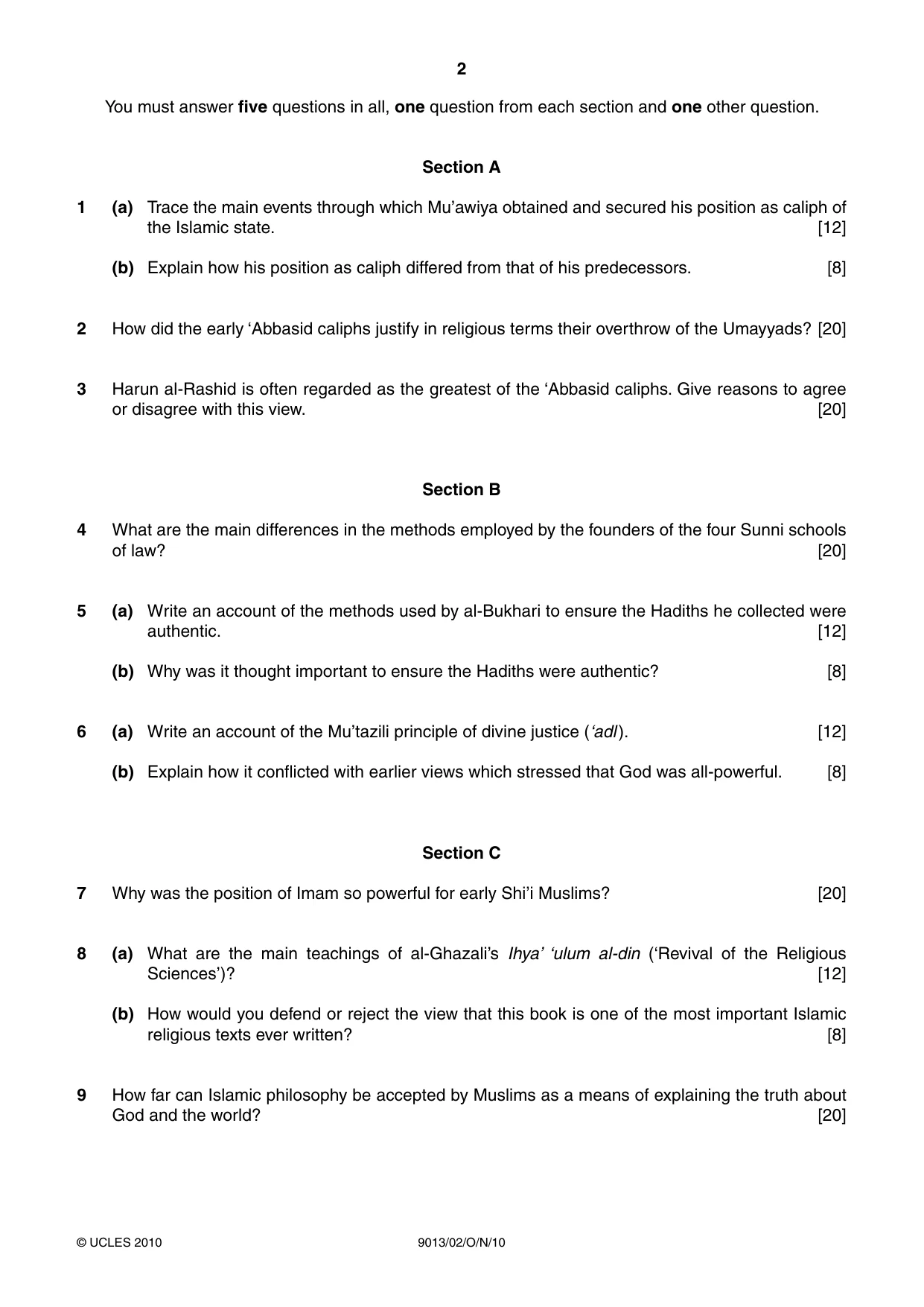 Cambridge A Level Islamic Studies 9013 2010 Oct/Nov Paper 2 · Variant 1 question paper, page 2 of 4