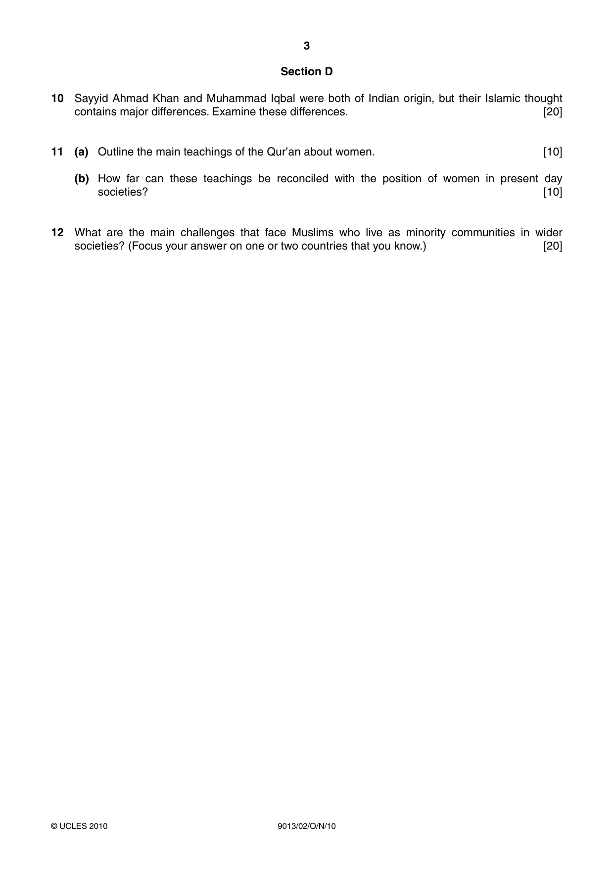 Cambridge A Level Islamic Studies 9013 2010 Oct/Nov Paper 2 · Variant 1 question paper, page 3 of 4