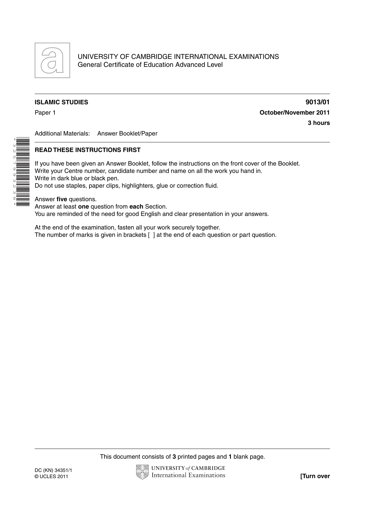 Cambridge A Level Islamic Studies 9013 2011 Oct/Nov Paper 1 · Variant 1 question paper, page 1 of 4