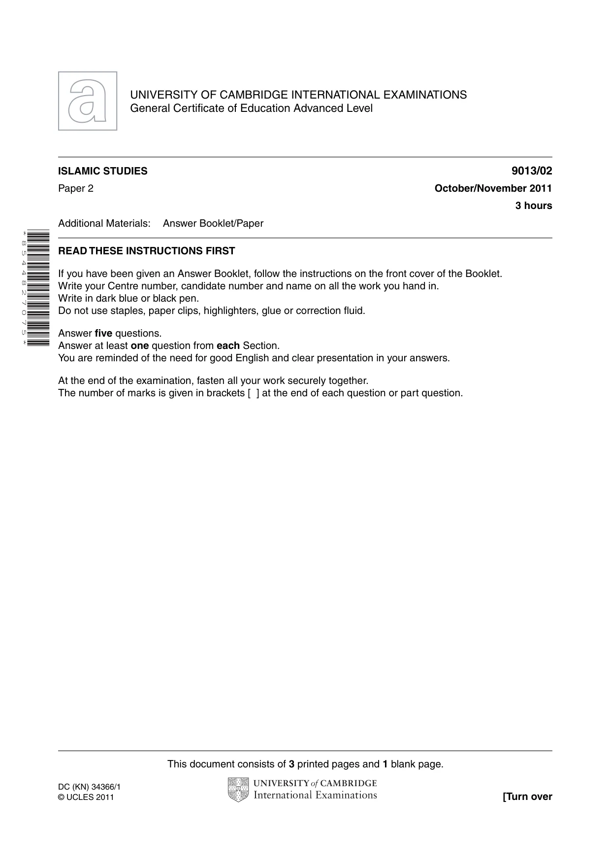 Cambridge A Level Islamic Studies 9013 2011 Oct/Nov Paper 2 · Variant 1 question paper, page 1 of 4