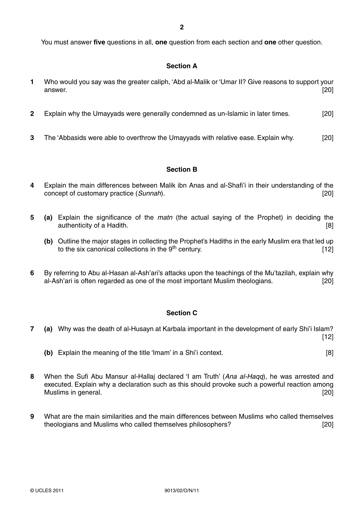 Cambridge A Level Islamic Studies 9013 2011 Oct/Nov Paper 2 · Variant 1 question paper, page 2 of 4
