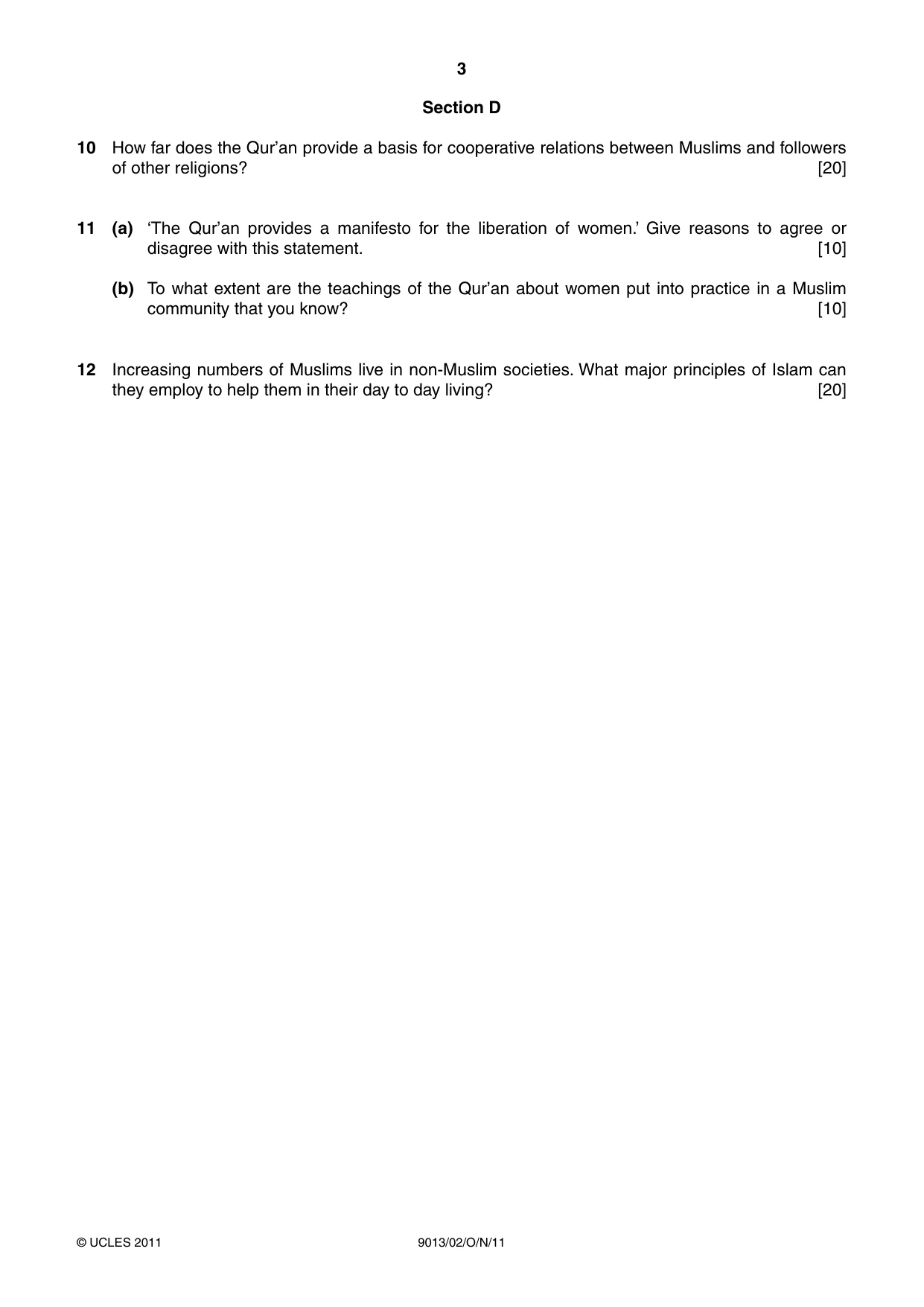 Cambridge A Level Islamic Studies 9013 2011 Oct/Nov Paper 2 · Variant 1 question paper, page 3 of 4