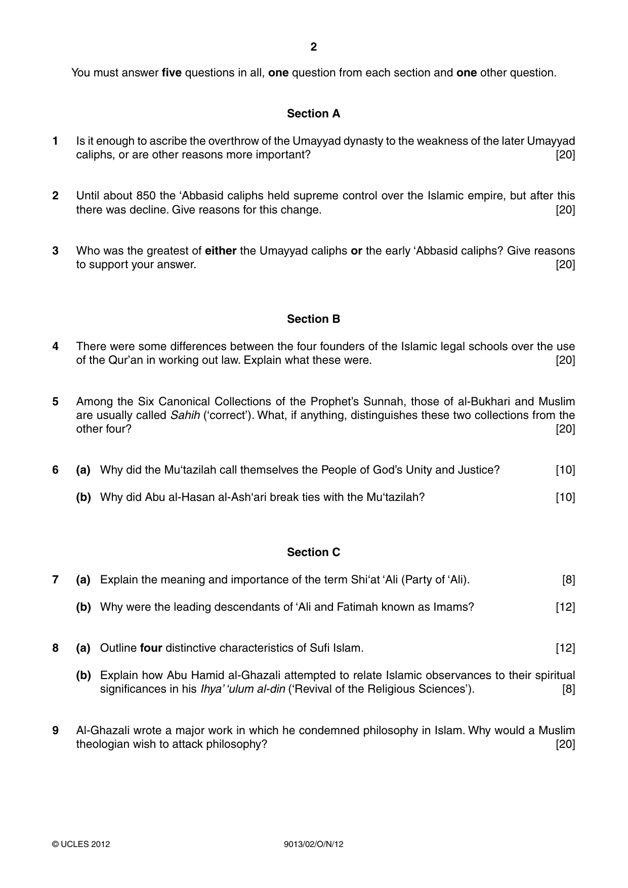 Cambridge A Level Islamic Studies 9013 2012 Oct/Nov Paper 2 · Variant 1 question paper, page 2 of 4