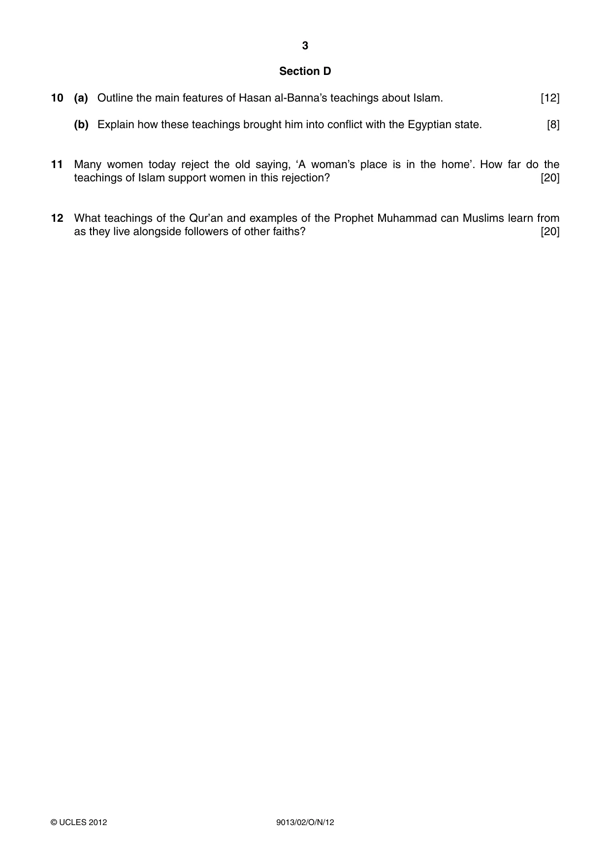 Cambridge A Level Islamic Studies 9013 2012 Oct/Nov Paper 2 · Variant 1 question paper, page 3 of 4