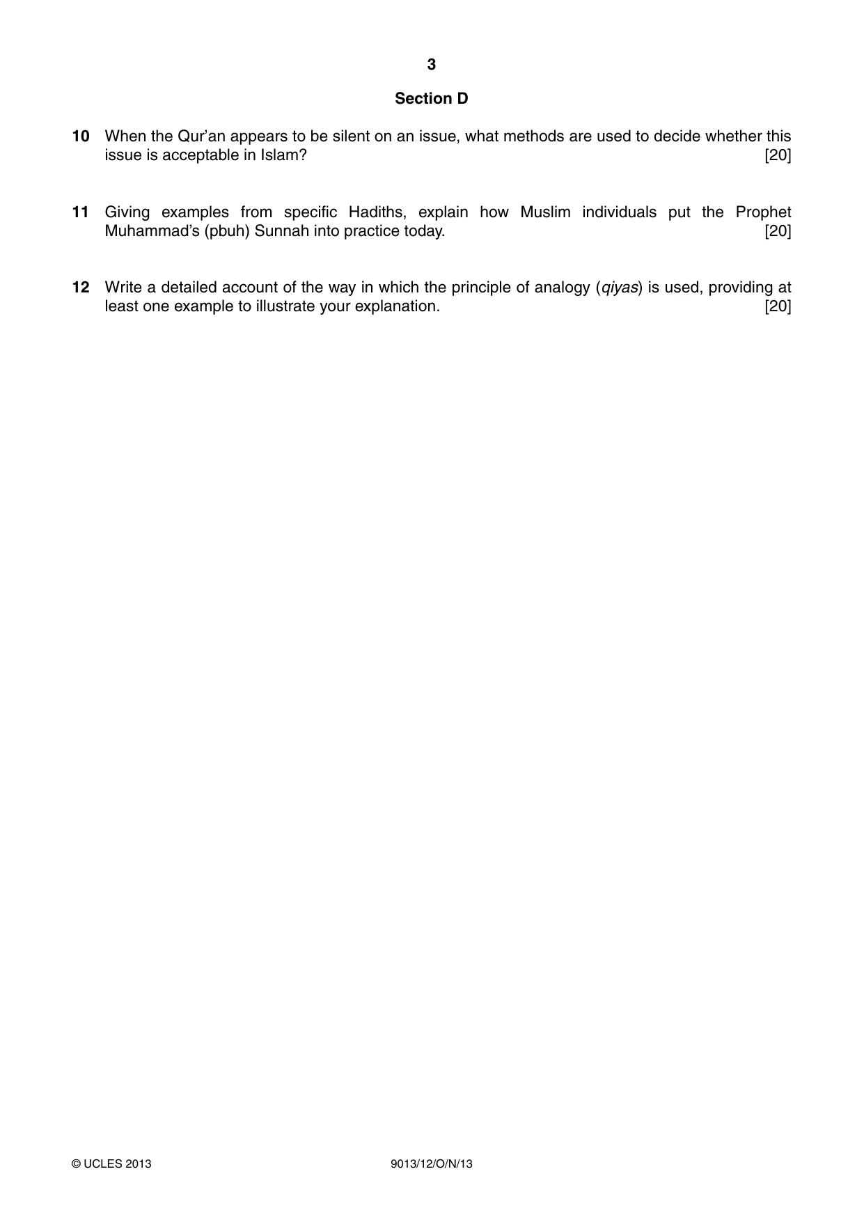 Cambridge A Level Islamic Studies 9013 2013 Oct/Nov Paper 1 · Variant 2 question paper, page 3 of 4