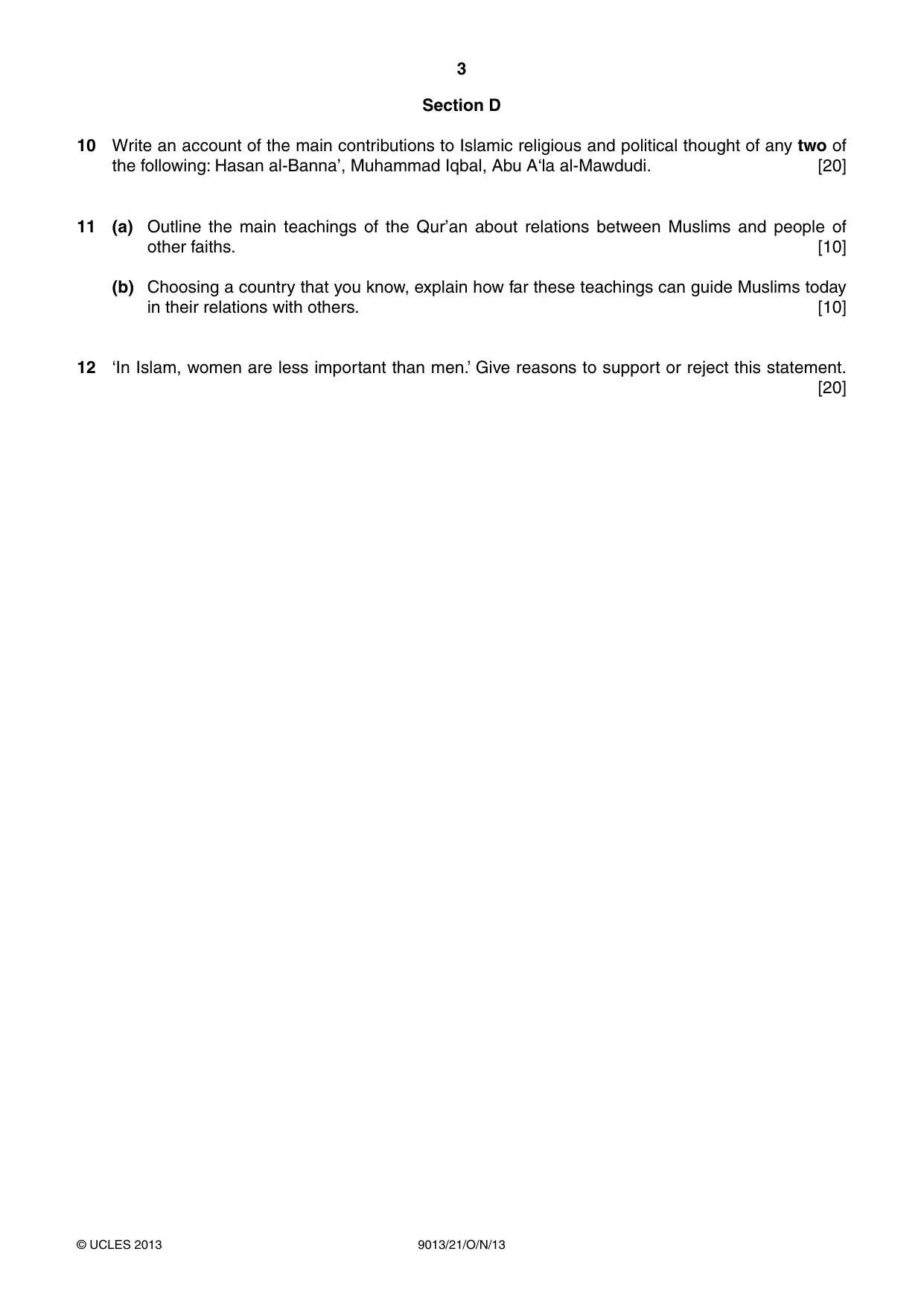 Cambridge A Level Islamic Studies 9013 2013 Oct/Nov Paper 2 · Variant 1 question paper, page 3 of 4