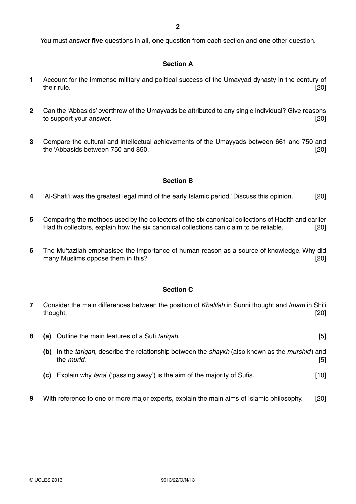 Cambridge A Level Islamic Studies 9013 2013 Oct/Nov Paper 2 · Variant 2 question paper, page 2 of 4