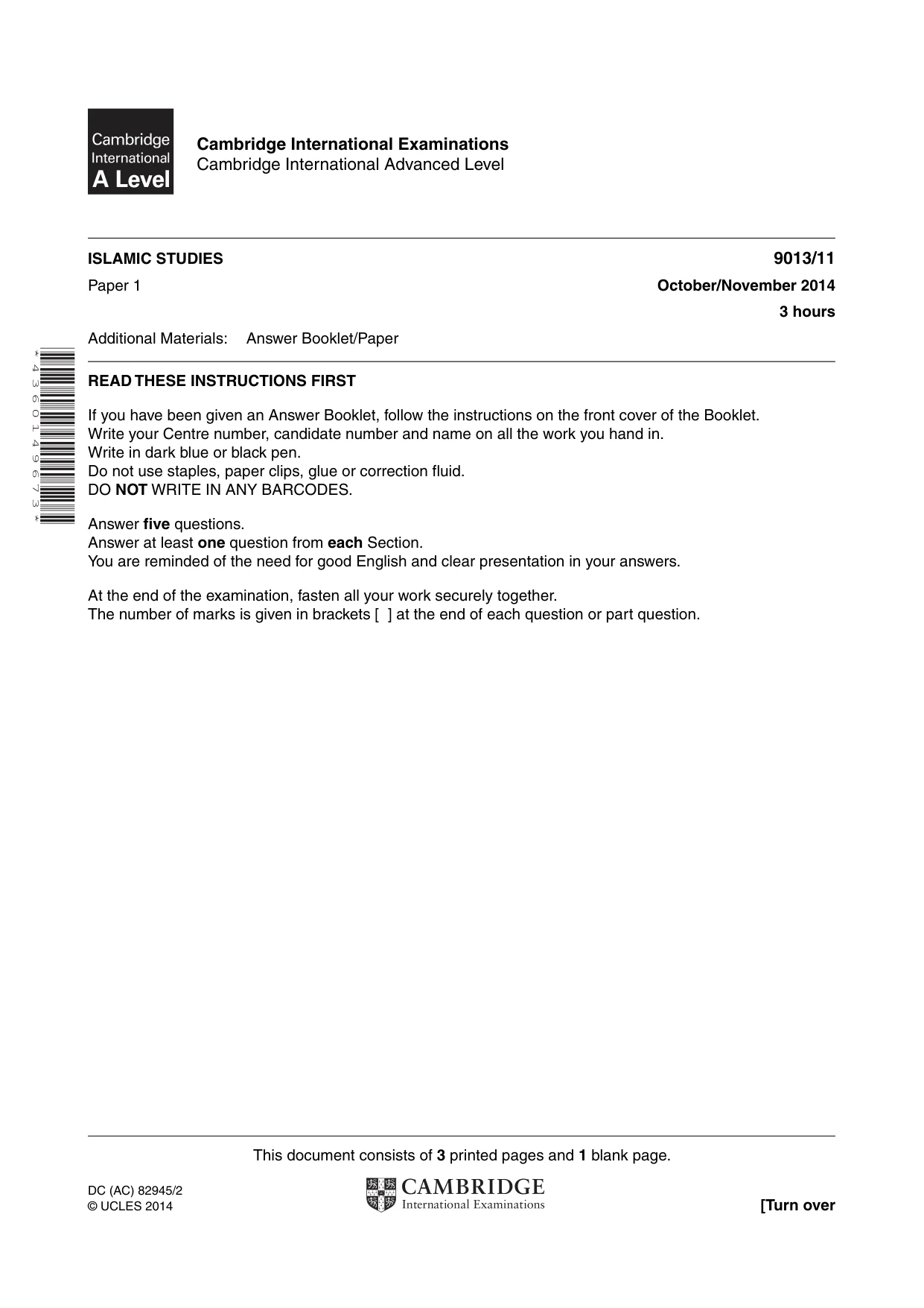 Cambridge A Level Islamic Studies 9013 2014 Oct/Nov Paper 1 · Variant 1 question paper, page 1 of 4