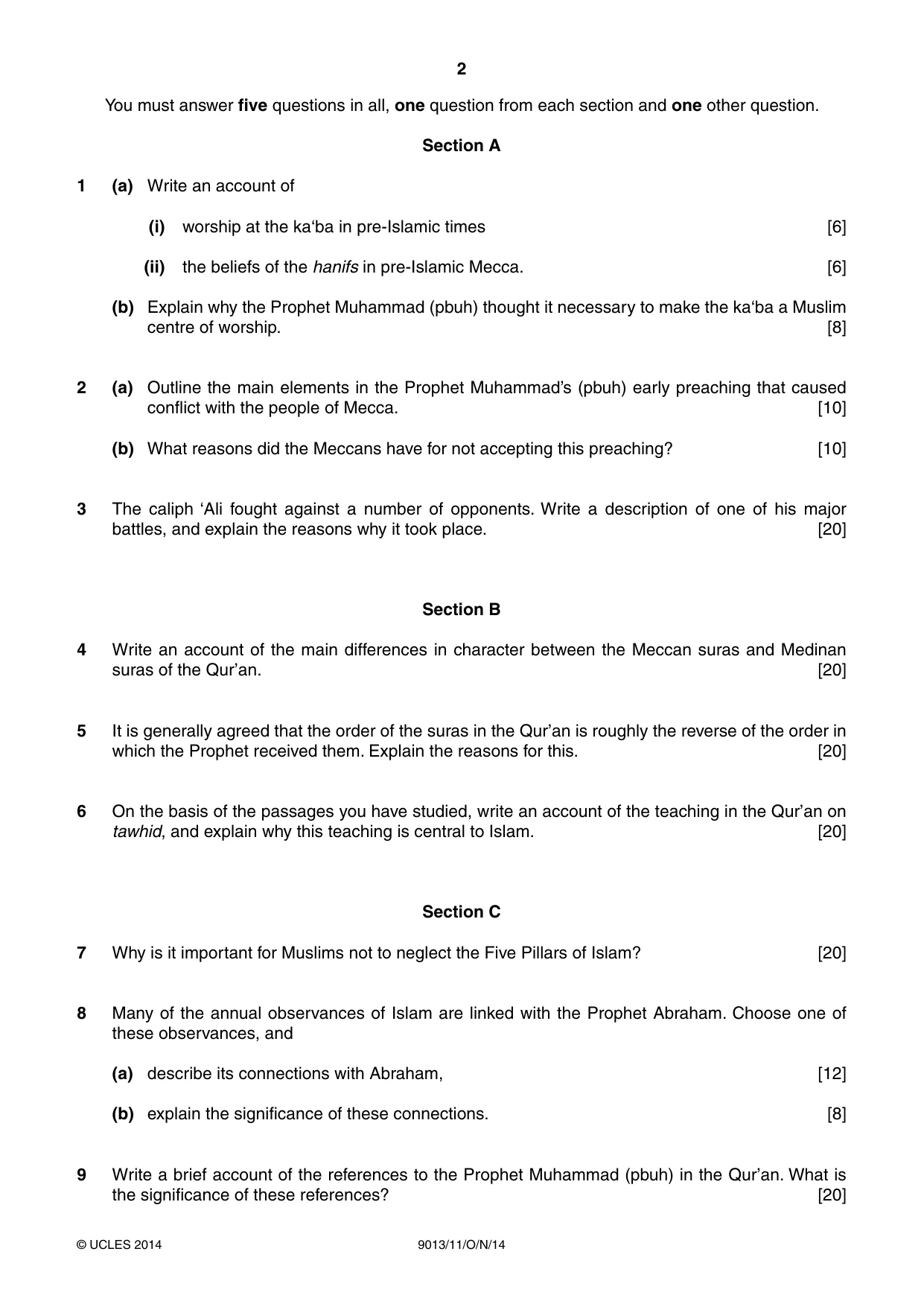 Cambridge A Level Islamic Studies 9013 2014 Oct/Nov Paper 1 · Variant 1 question paper, page 2 of 4