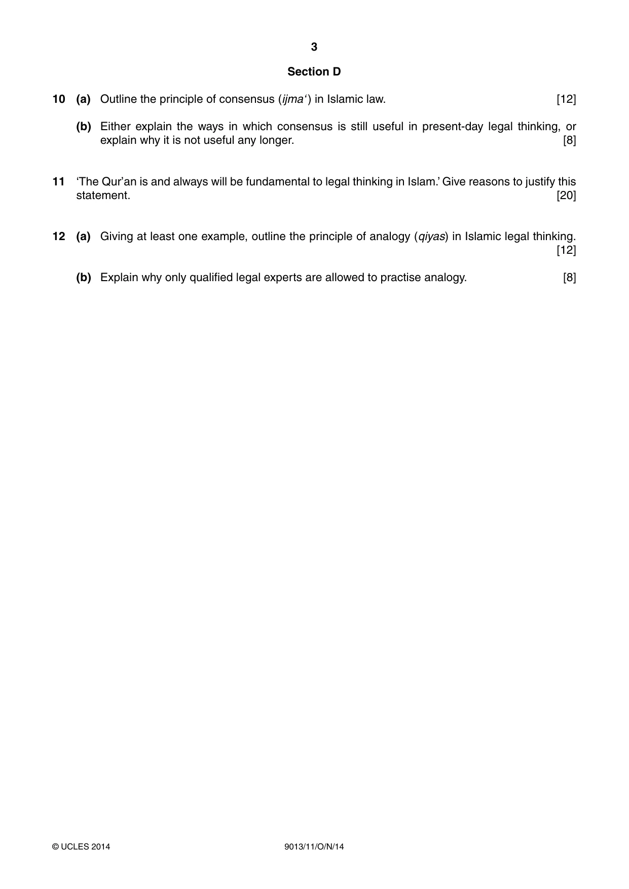 Cambridge A Level Islamic Studies 9013 2014 Oct/Nov Paper 1 · Variant 1 question paper, page 3 of 4