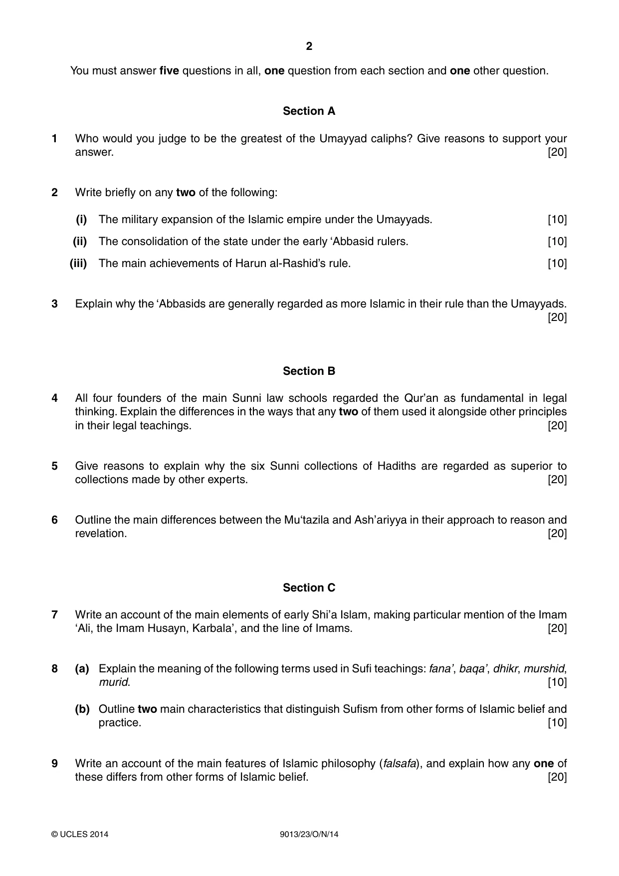 Cambridge A Level Islamic Studies 9013 2014 Oct/Nov Paper 2 · Variant 3 question paper, page 2 of 4