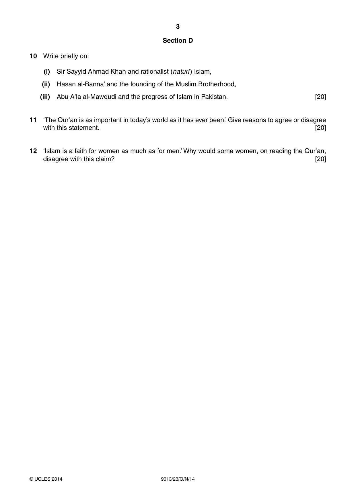 Cambridge A Level Islamic Studies 9013 2014 Oct/Nov Paper 2 · Variant 3 question paper, page 3 of 4