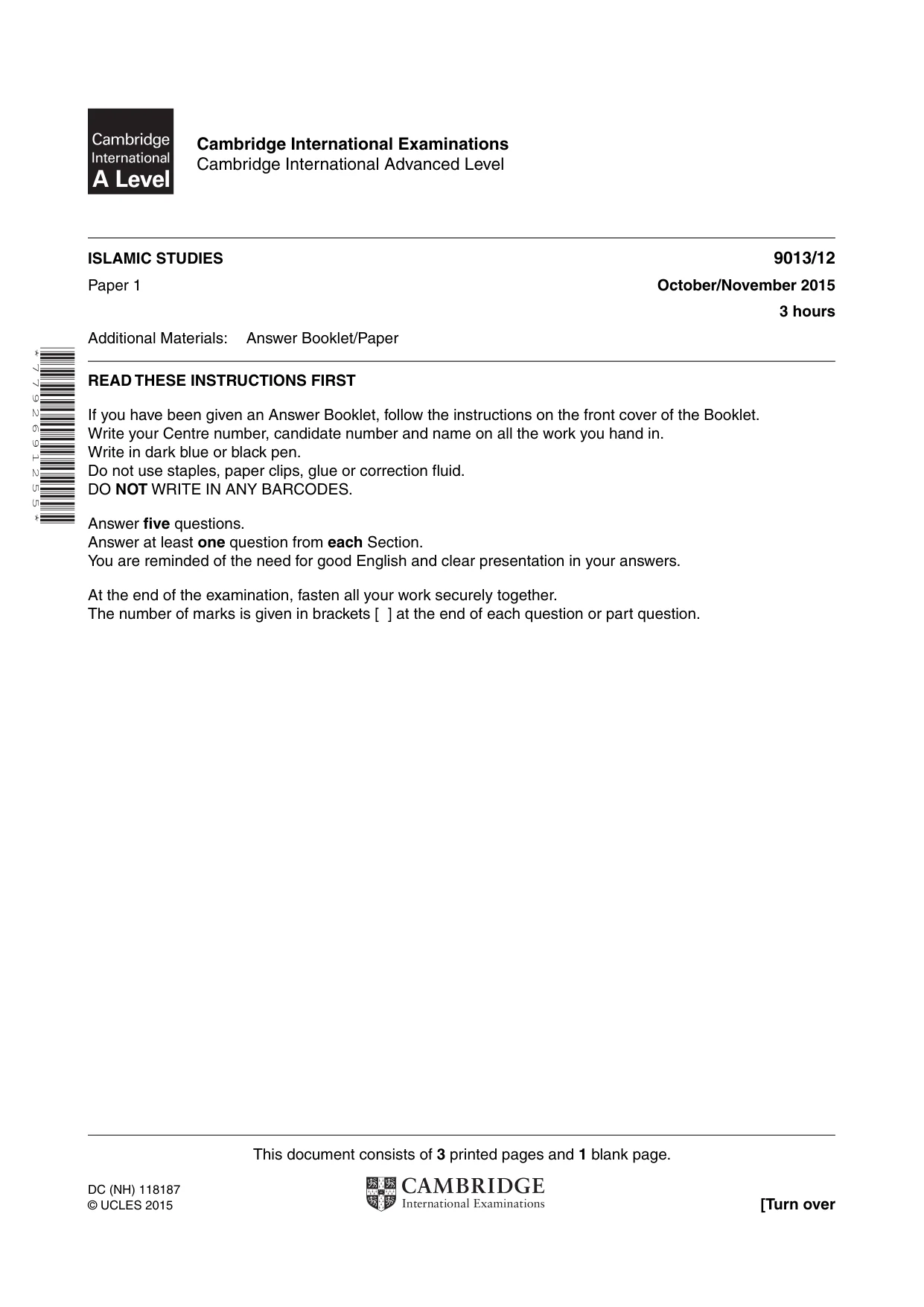 Cambridge A Level Islamic Studies 9013 2015 Oct/Nov Paper 1 · Variant 2 question paper, page 1 of 4