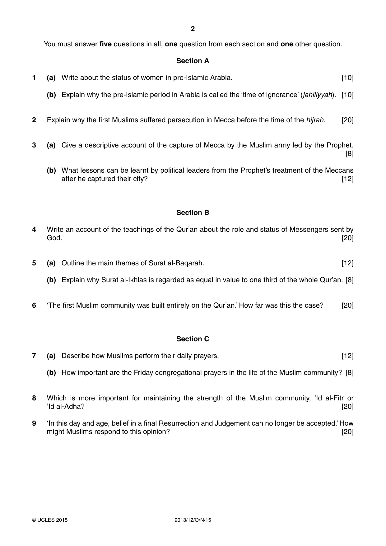 Cambridge A Level Islamic Studies 9013 2015 Oct/Nov Paper 1 · Variant 2 question paper, page 2 of 4