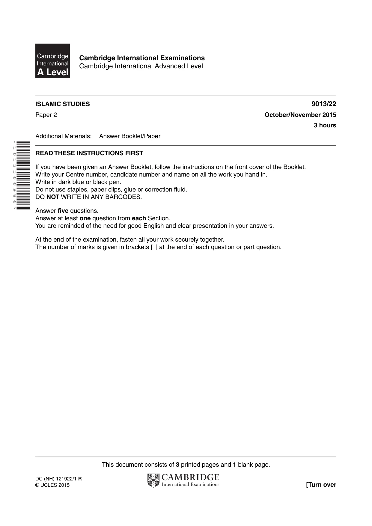 Cambridge A Level Islamic Studies 9013 2015 Oct/Nov Paper 2 · Variant 2 question paper, page 1 of 4