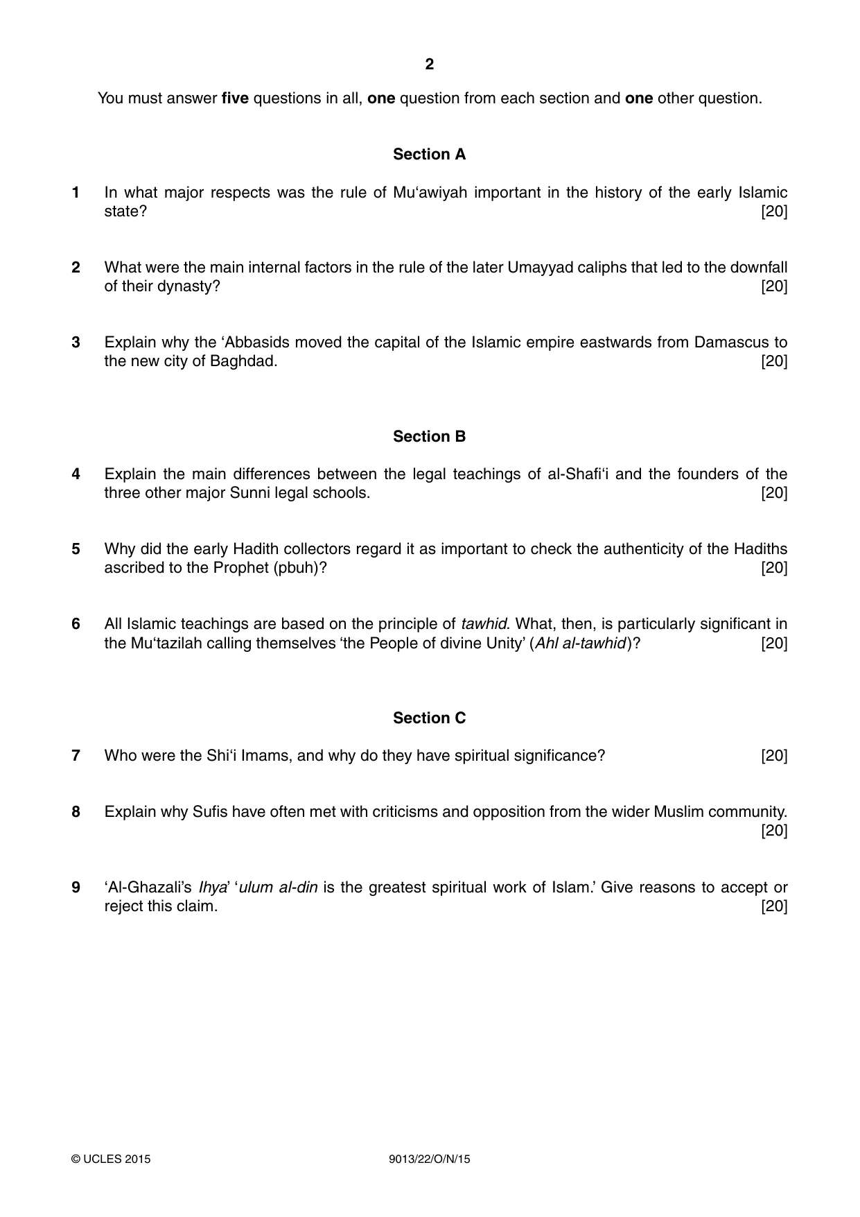 Cambridge A Level Islamic Studies 9013 2015 Oct/Nov Paper 2 · Variant 2 question paper, page 2 of 4