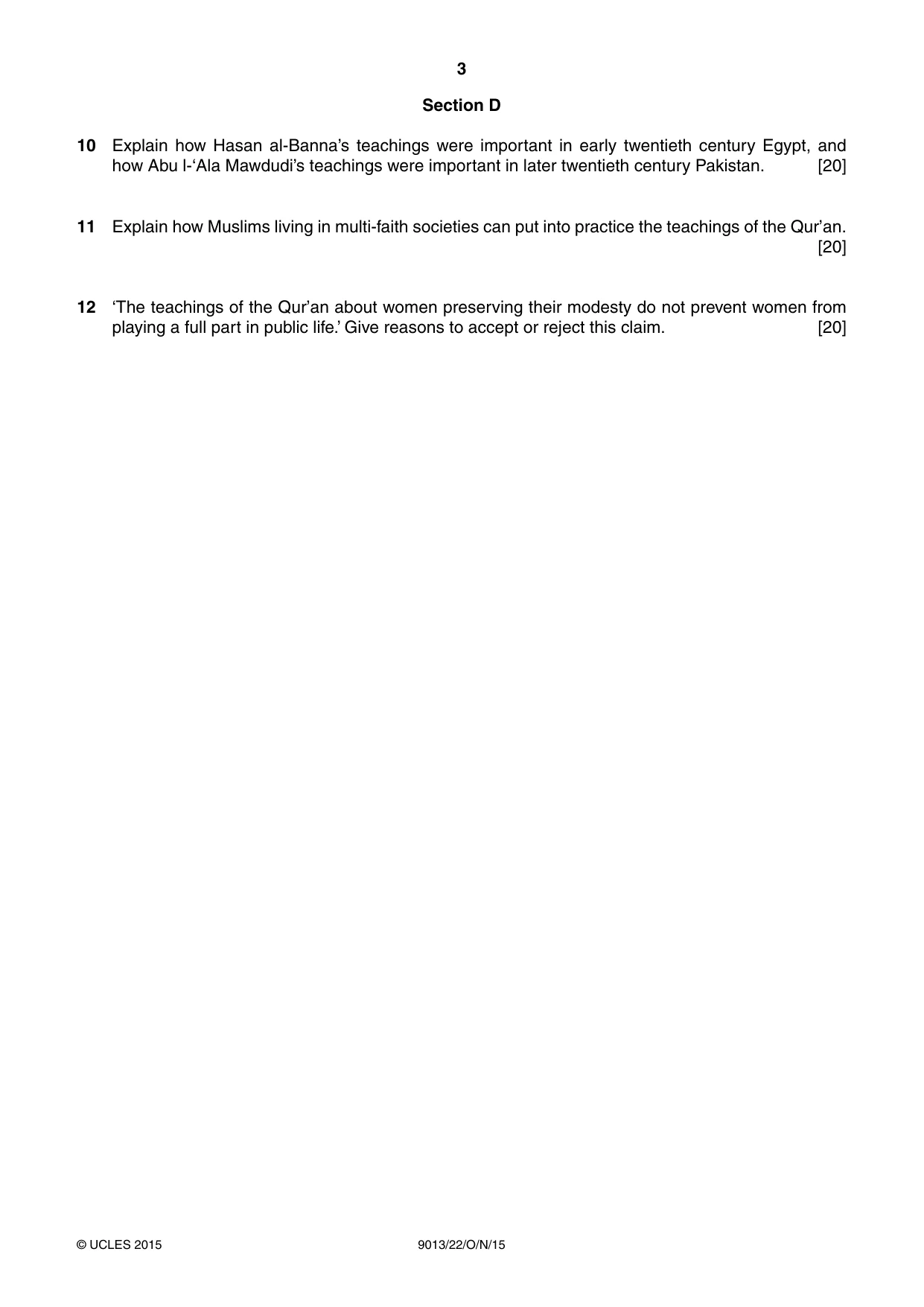Cambridge A Level Islamic Studies 9013 2015 Oct/Nov Paper 2 · Variant 2 question paper, page 3 of 4