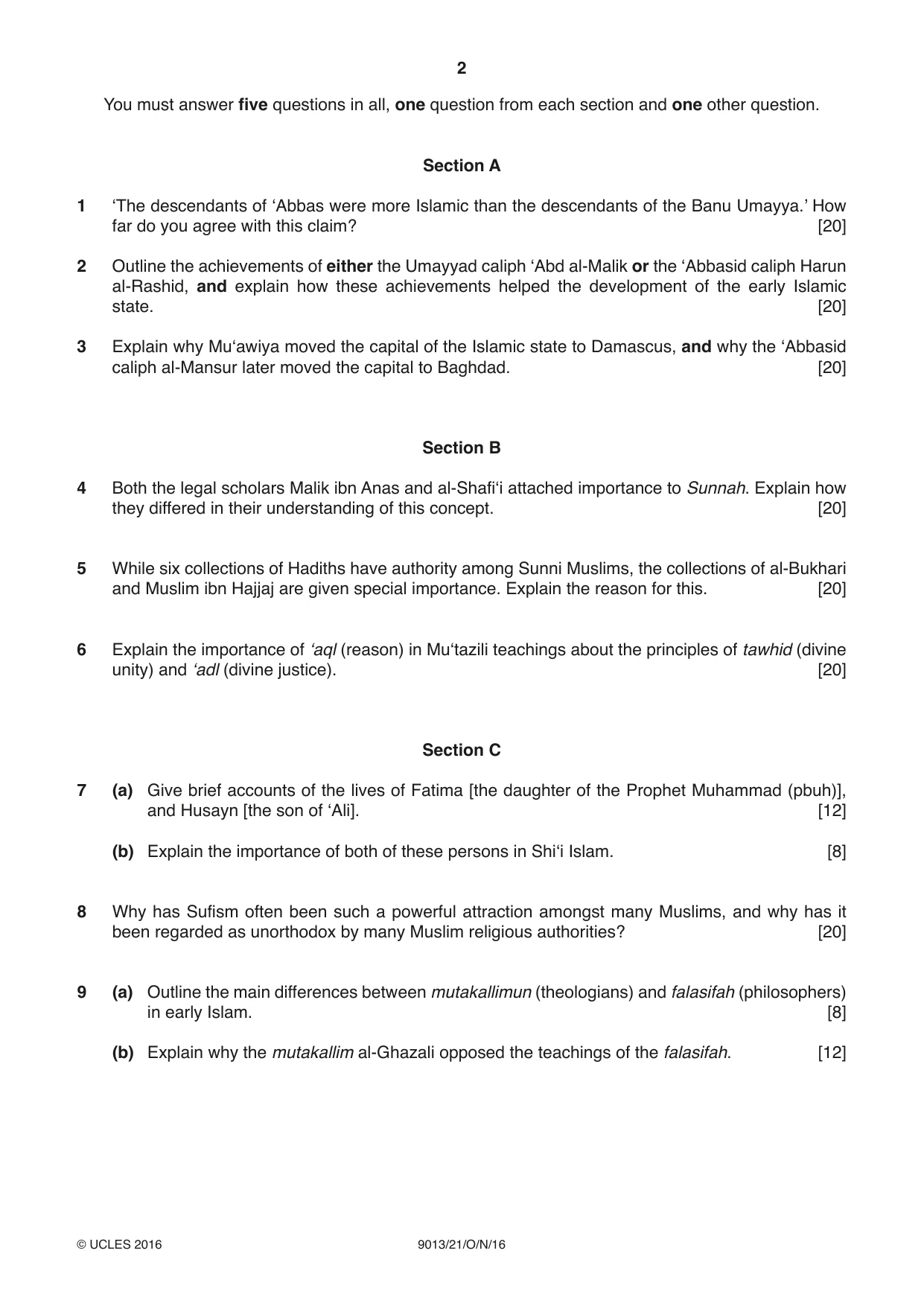 Cambridge A Level Islamic Studies 9013 2016 Oct/Nov Paper 2 · Variant 1 question paper, page 2 of 4