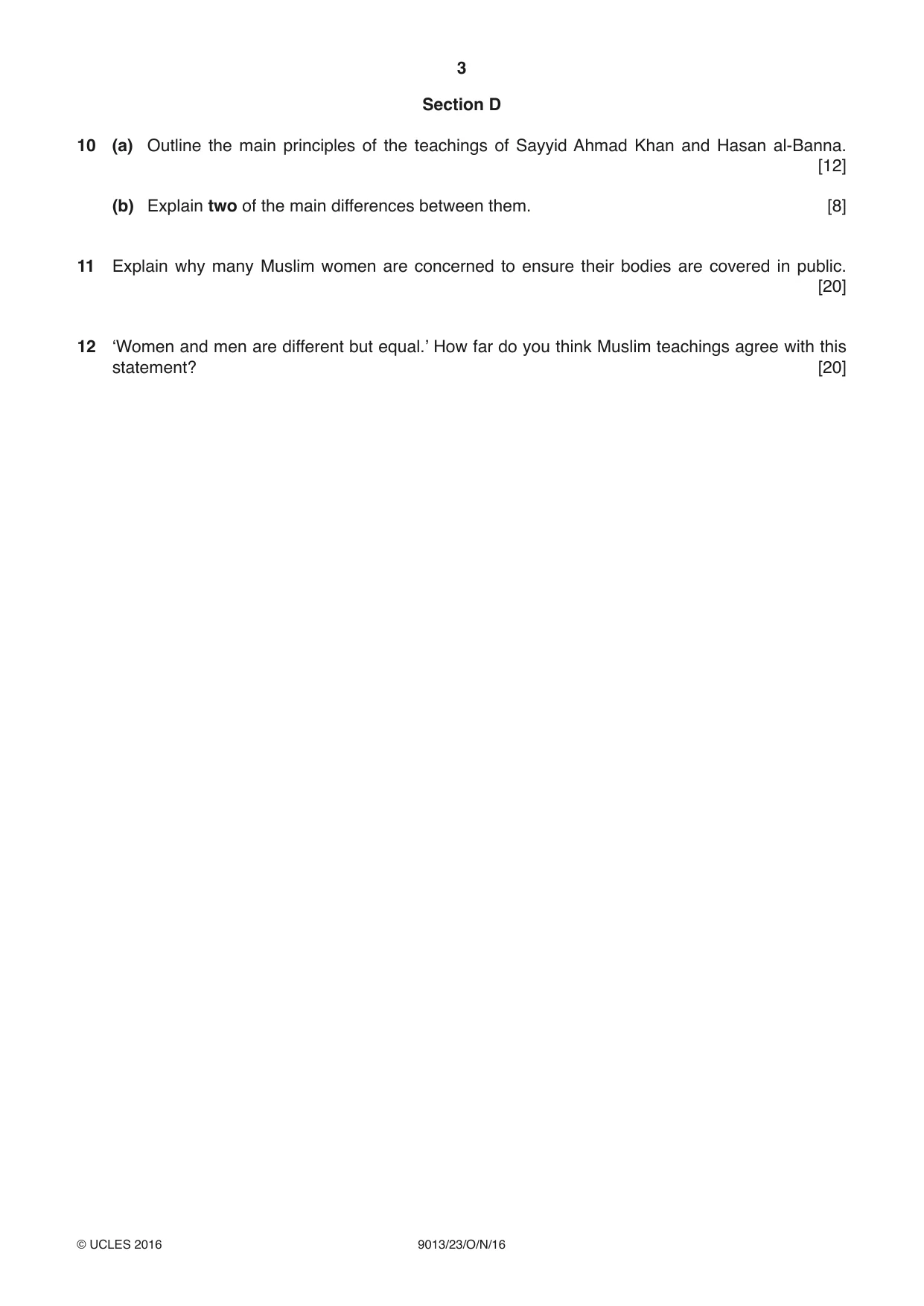Cambridge A Level Islamic Studies 9013 2016 Oct/Nov Paper 2 · Variant 3 question paper, page 3 of 4