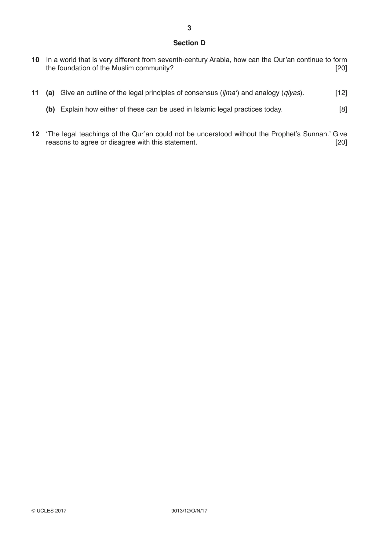 Cambridge A Level Islamic Studies 9013 2017 Oct/Nov Paper 1 · Variant 2 question paper, page 3 of 4