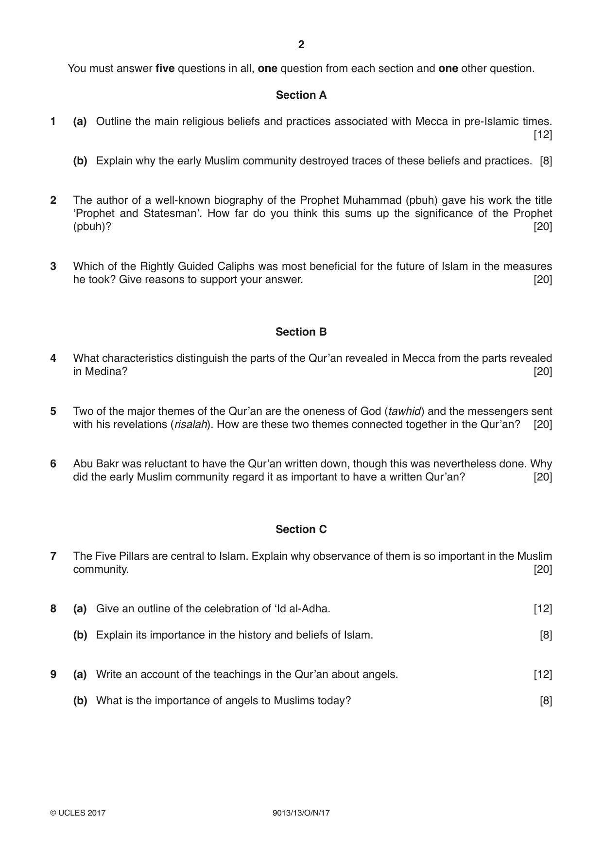 Cambridge A Level Islamic Studies 9013 2017 Oct/Nov Paper 1 · Variant 3 question paper, page 2 of 4