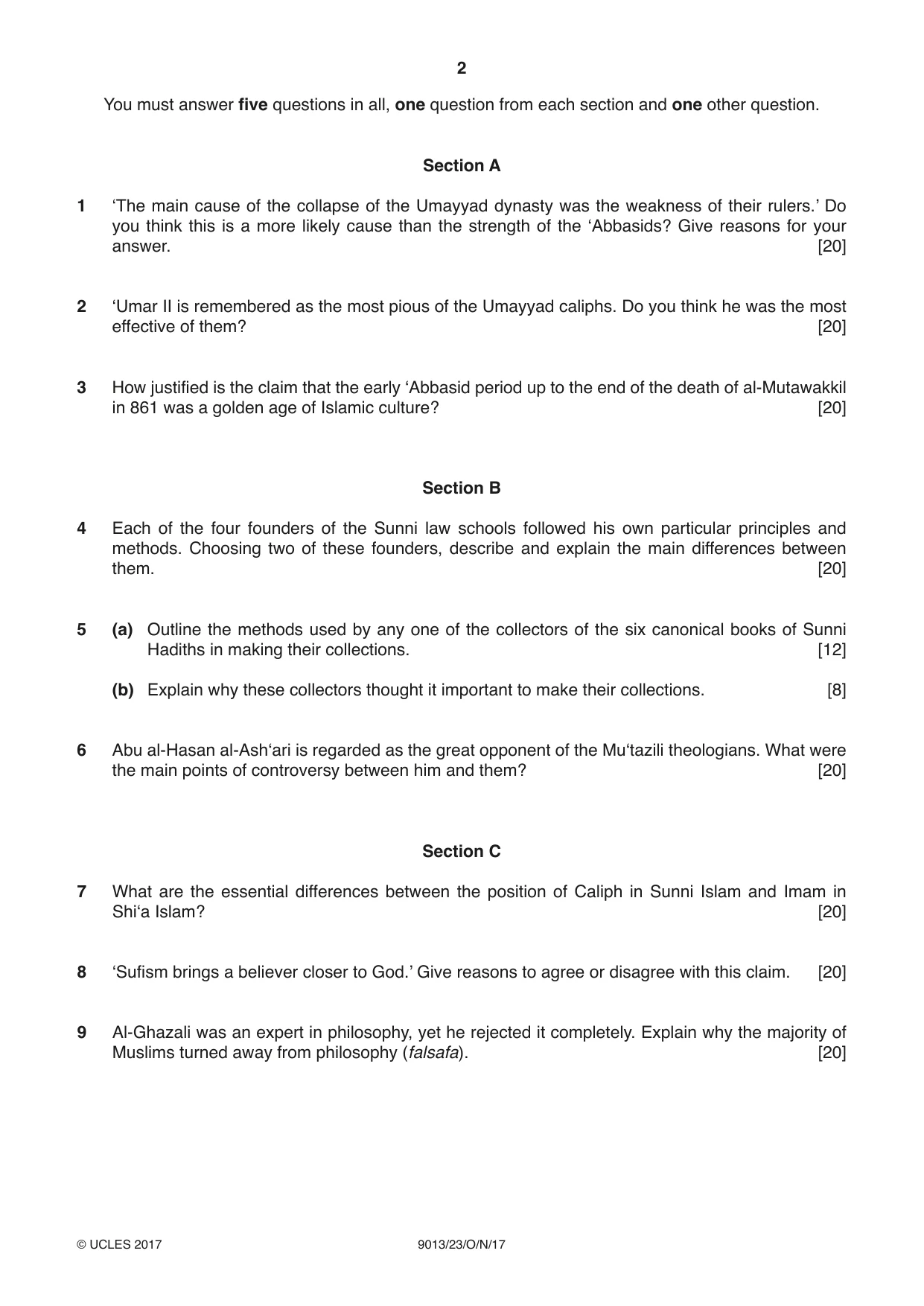 Cambridge A Level Islamic Studies 9013 2017 Oct/Nov Paper 2 · Variant 3 question paper, page 2 of 4