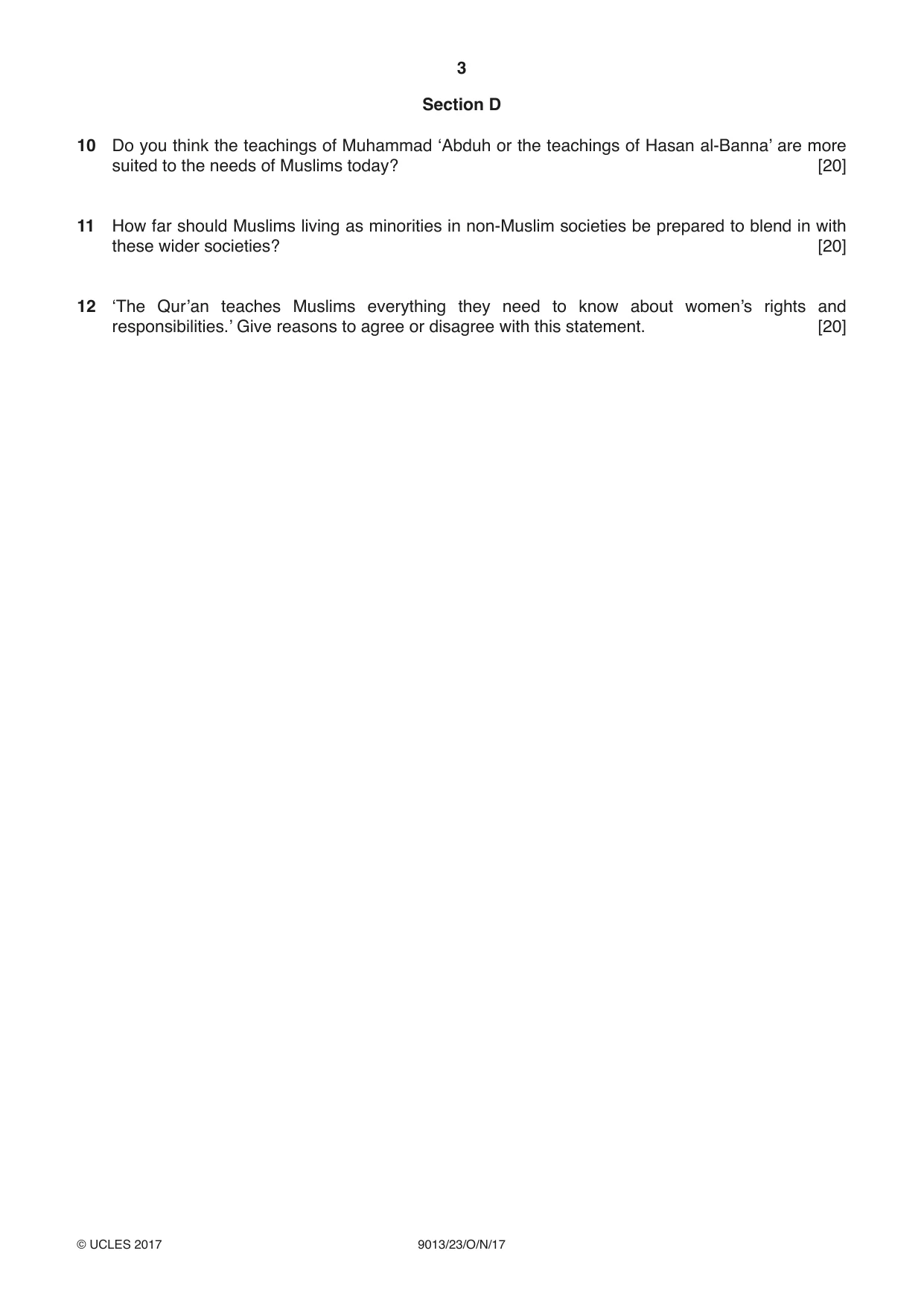 Cambridge A Level Islamic Studies 9013 2017 Oct/Nov Paper 2 · Variant 3 question paper, page 3 of 4