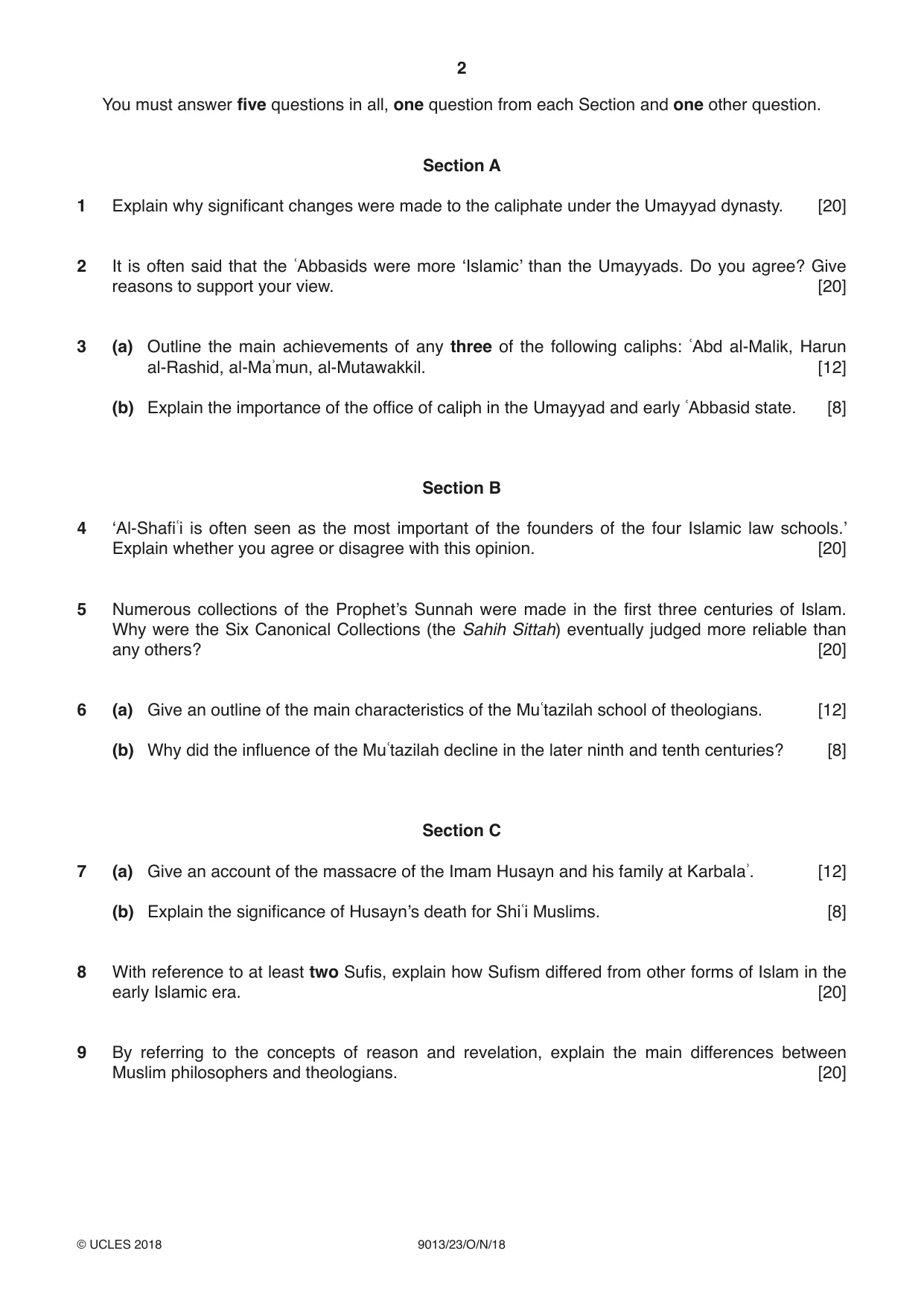 Cambridge A Level Islamic Studies 9013 2018 Oct/Nov Paper 2 · Variant 3 question paper, page 2 of 4