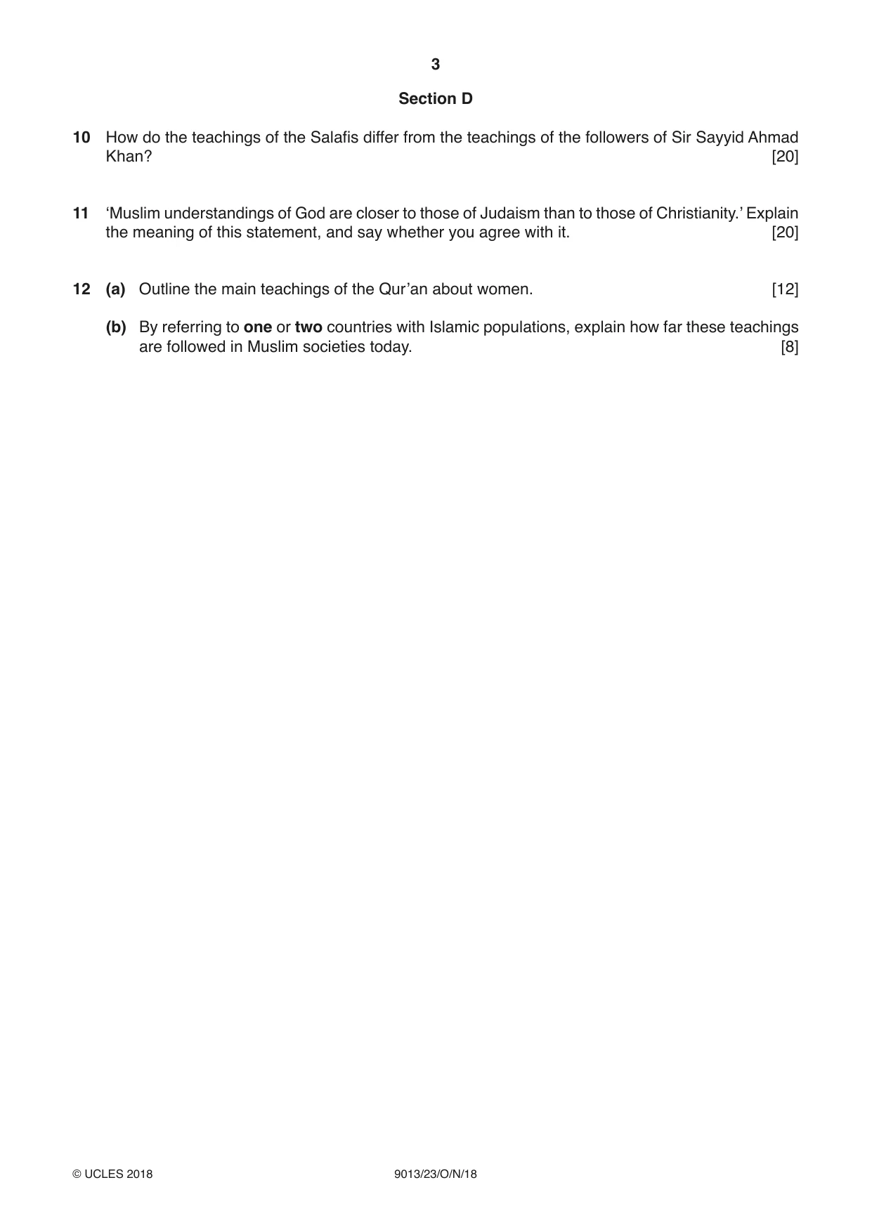 Cambridge A Level Islamic Studies 9013 2018 Oct/Nov Paper 2 · Variant 3 question paper, page 3 of 4