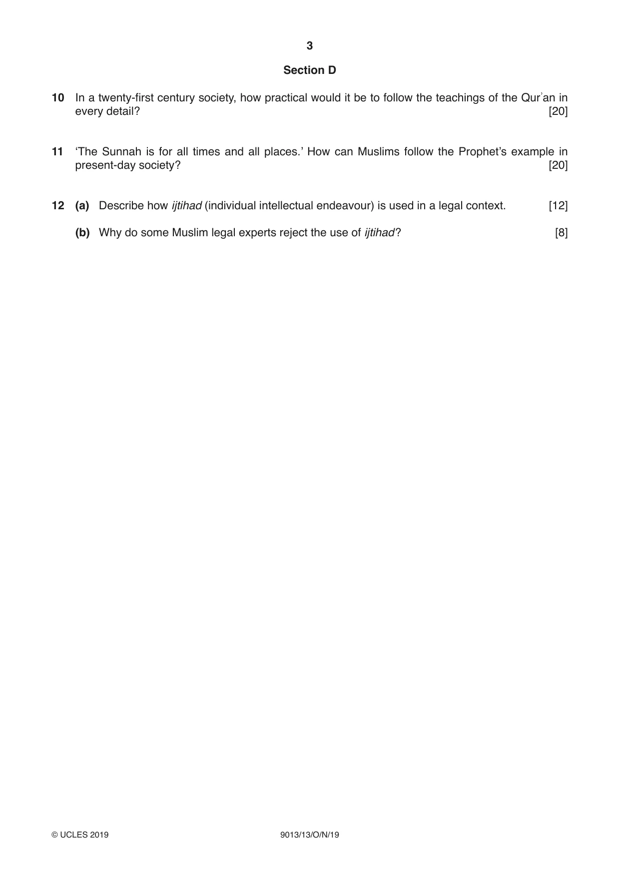 Cambridge A Level Islamic Studies 9013 2019 Oct/Nov Paper 1 · Variant 3 question paper, page 3 of 4