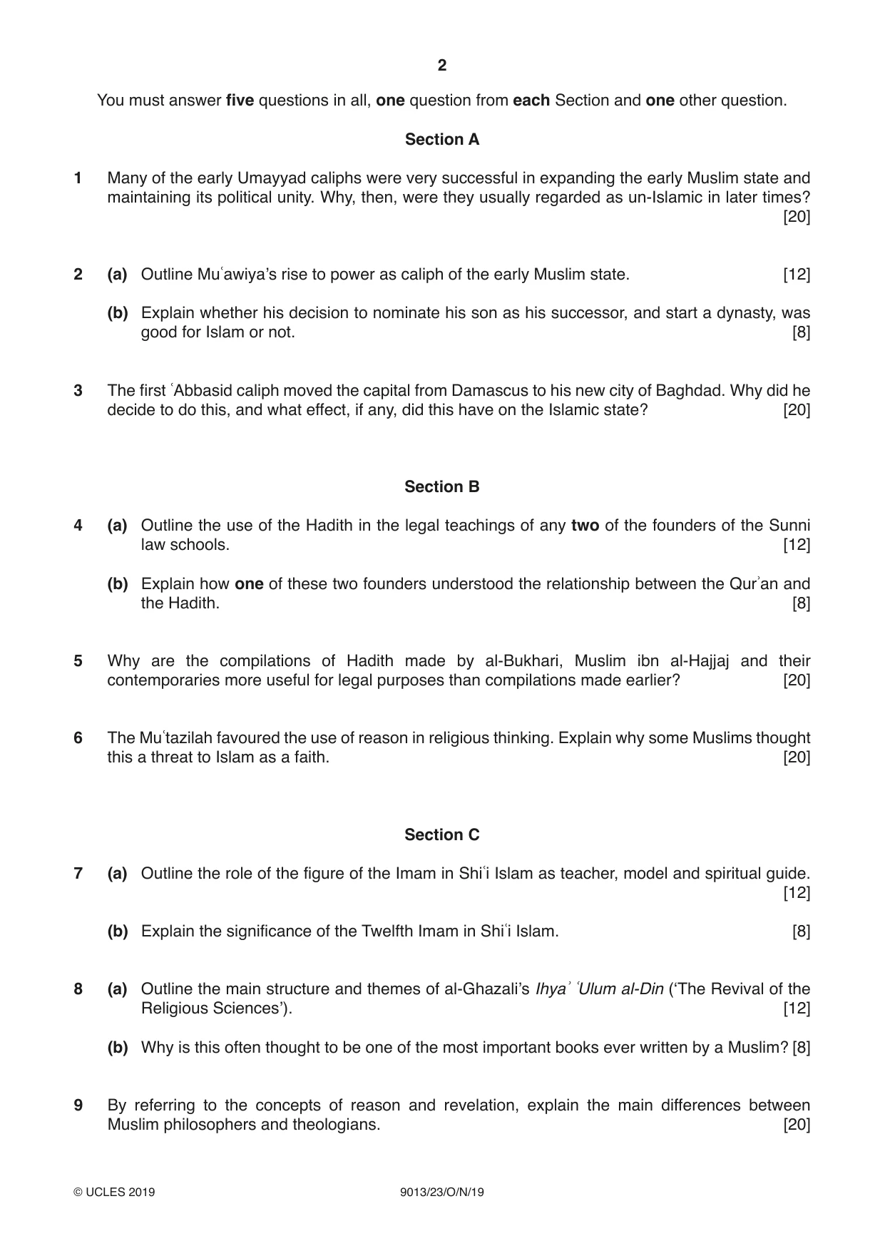 Cambridge A Level Islamic Studies 9013 2019 Oct/Nov Paper 2 · Variant 3 question paper, page 2 of 4