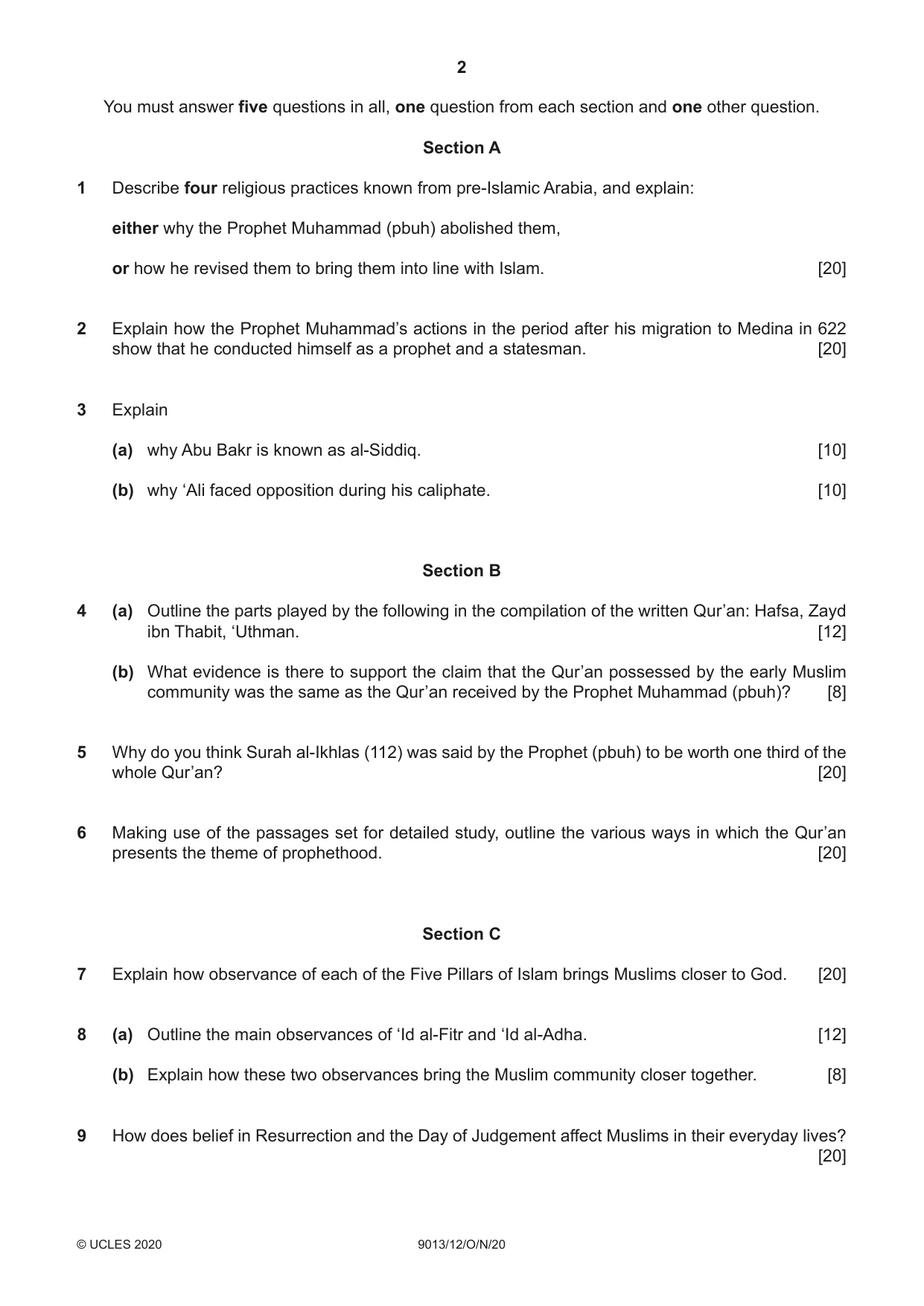 Cambridge A Level Islamic Studies 9013 2020 Oct/Nov Paper 1 · Variant 2 question paper, page 2 of 4