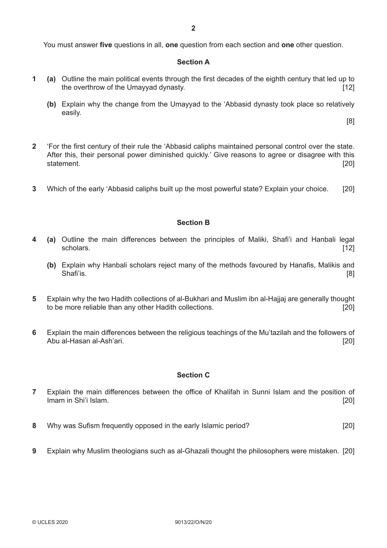 Cambridge A Level Islamic Studies 9013 2020 Oct/Nov Paper 2 · Variant 2 question paper, page 2 of 4