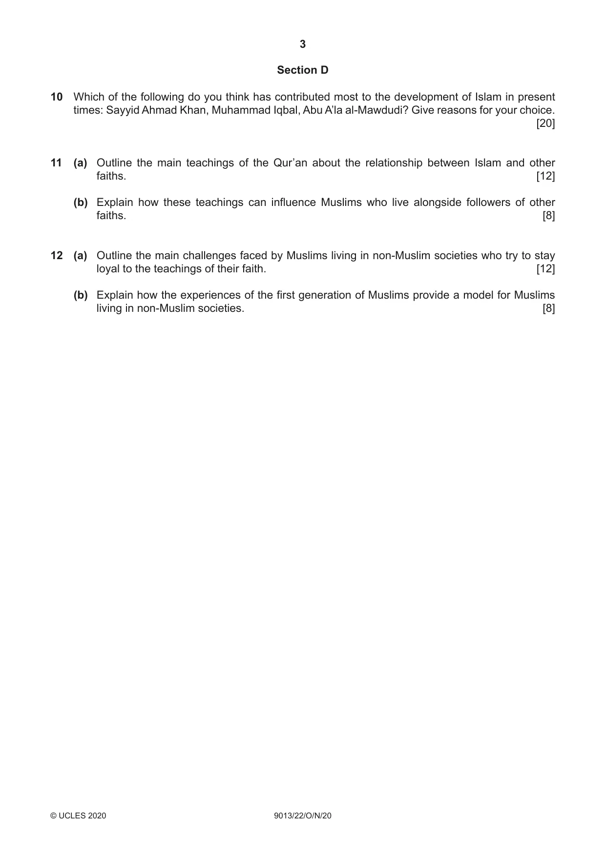 Cambridge A Level Islamic Studies 9013 2020 Oct/Nov Paper 2 · Variant 2 question paper, page 3 of 4