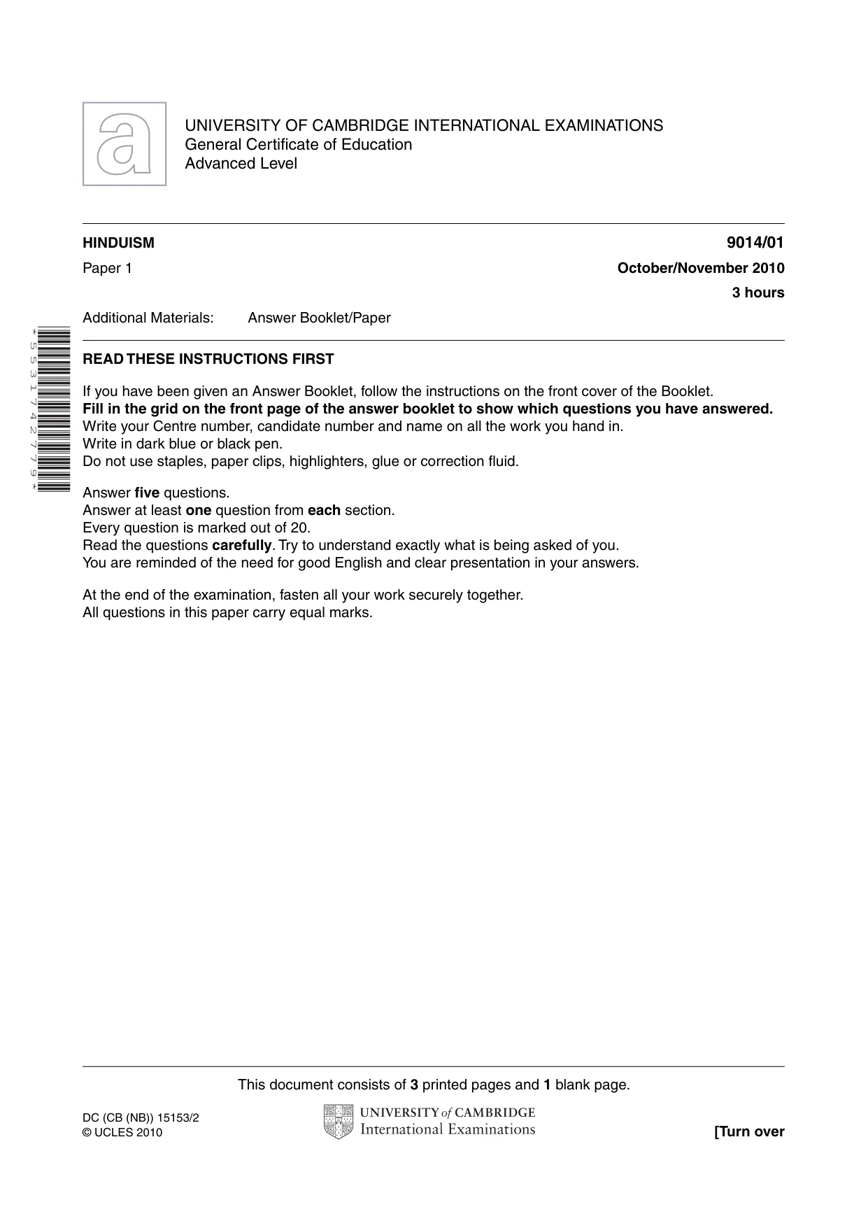 Cambridge A Level Hinduism 9014 2010 Oct/Nov Paper 1 · Variant 1 question paper, page 1 of 4