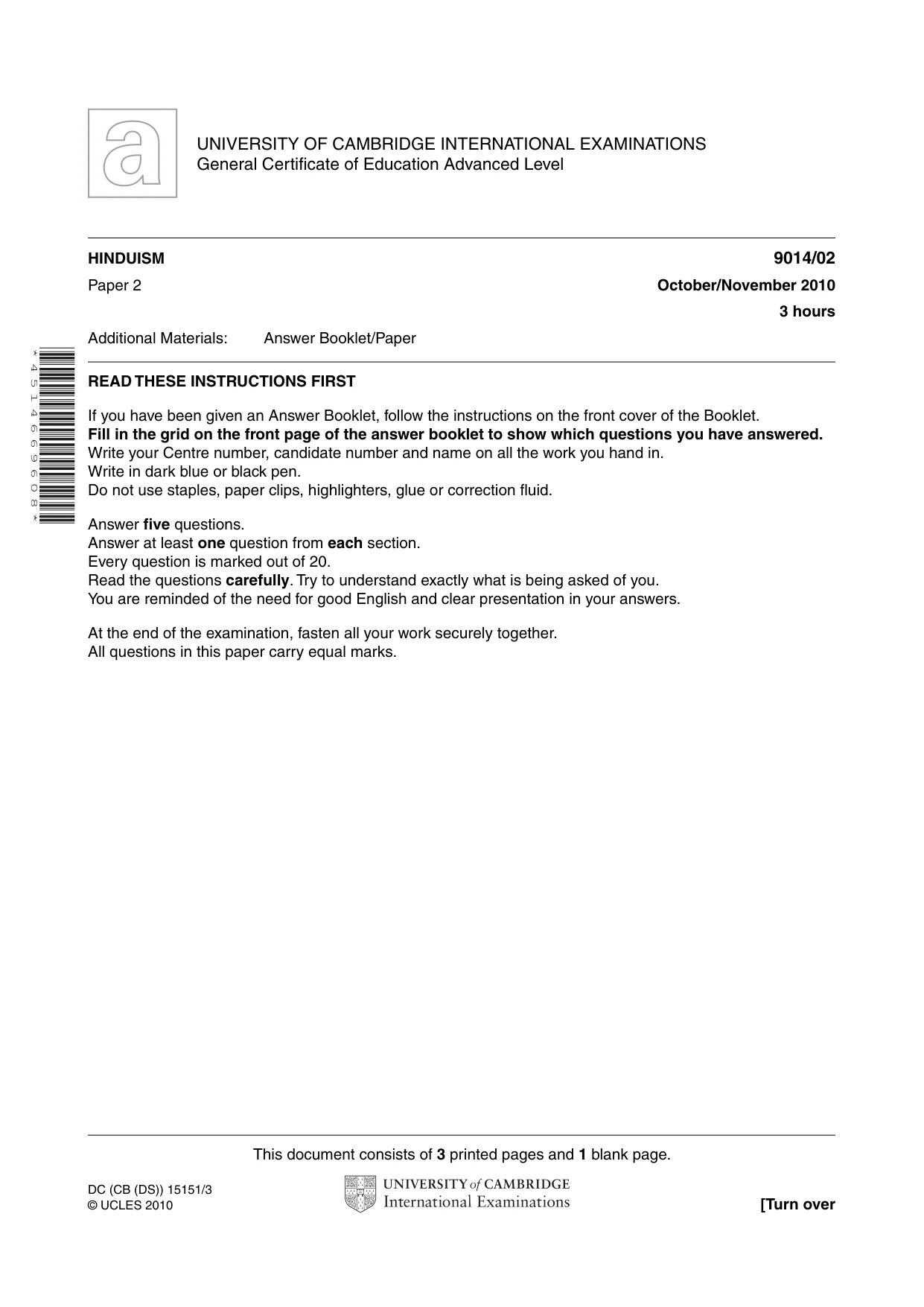 Cambridge A Level Hinduism 9014 2010 Oct/Nov Paper 2 · Variant 1 question paper, page 1 of 4