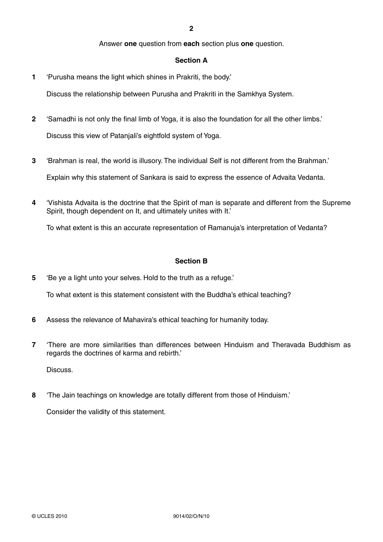 Cambridge A Level Hinduism 9014 2010 Oct/Nov Paper 2 · Variant 1 question paper, page 2 of 4