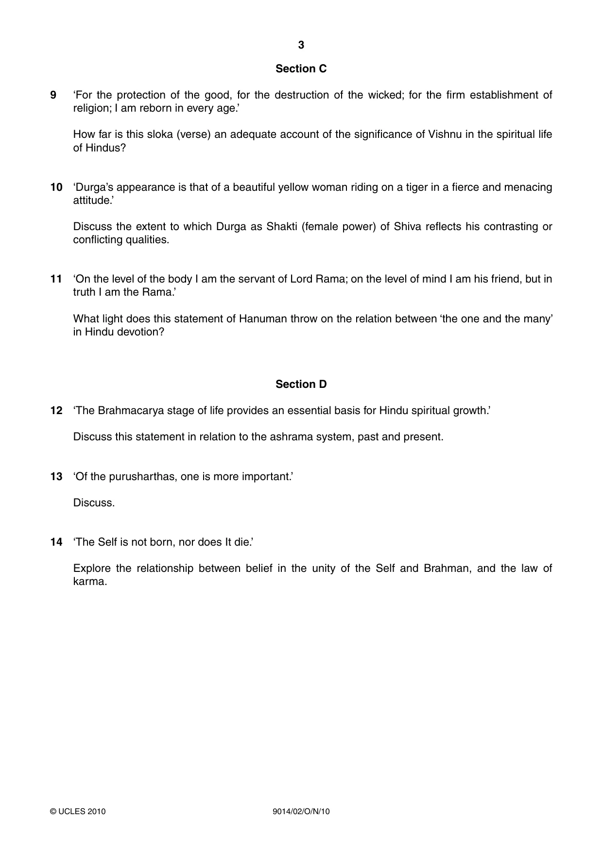 Cambridge A Level Hinduism 9014 2010 Oct/Nov Paper 2 · Variant 1 question paper, page 3 of 4
