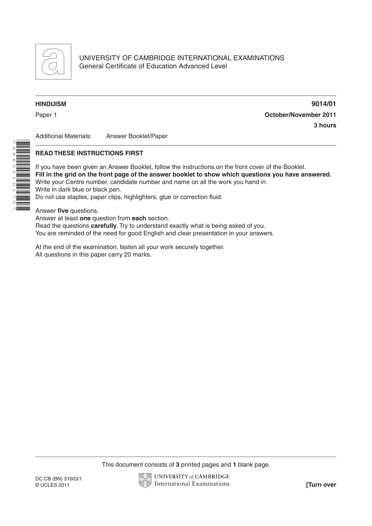 Cambridge A Level Hinduism 9014 2011 Oct/Nov Paper 1 · Variant 1 question paper, page 1 of 4