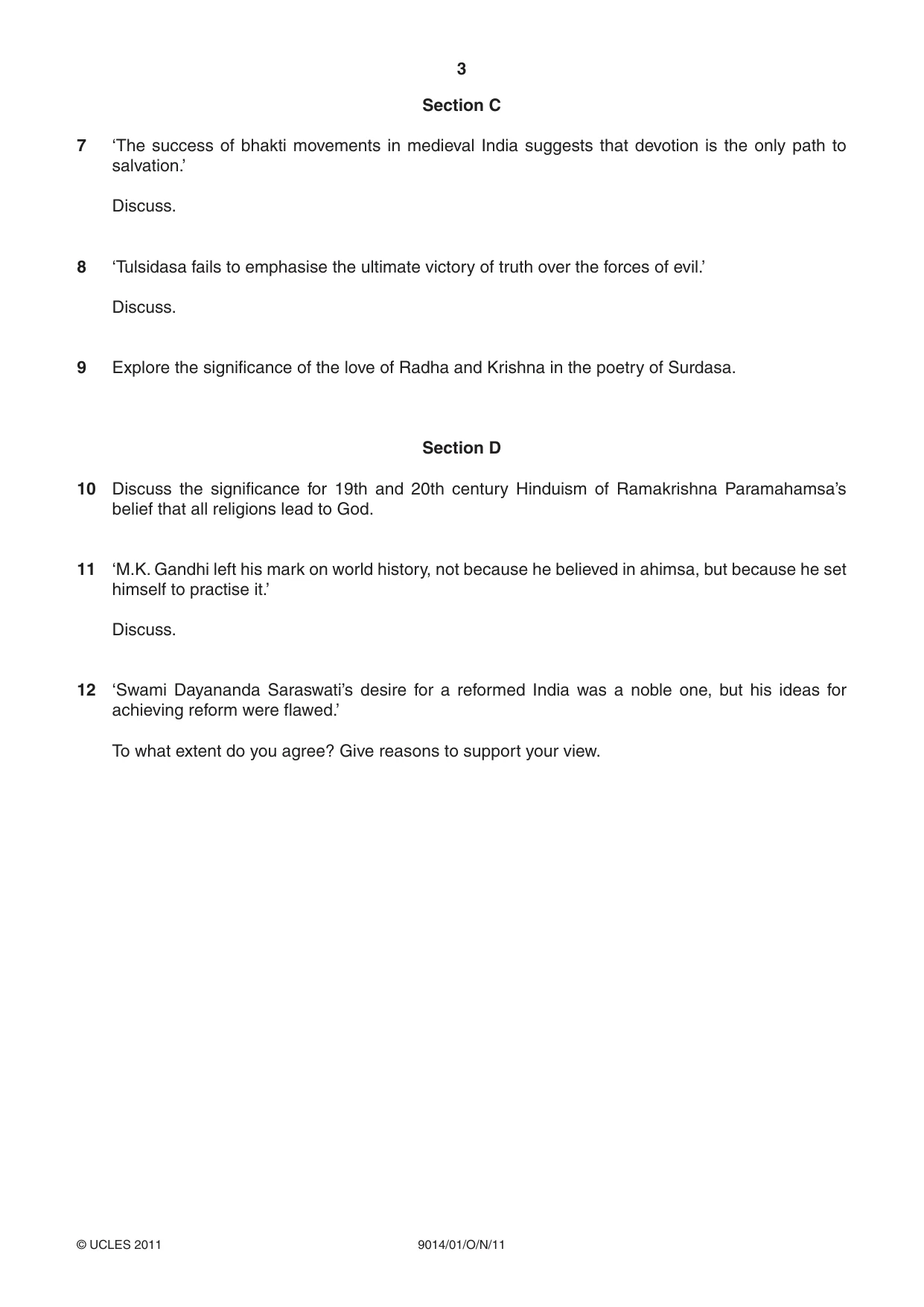 Cambridge A Level Hinduism 9014 2011 Oct/Nov Paper 1 · Variant 1 question paper, page 3 of 4