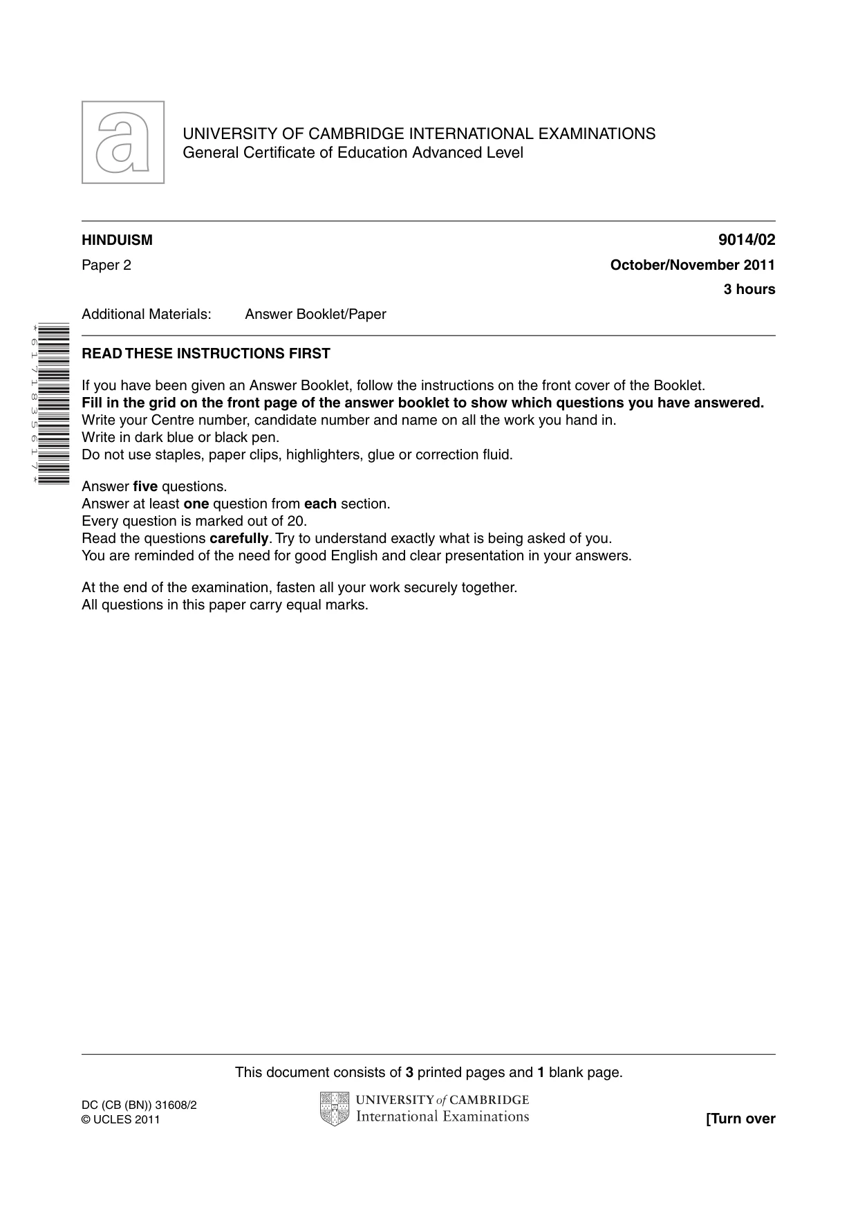 Cambridge A Level Hinduism 9014 2011 Oct/Nov Paper 2 · Variant 1 question paper, page 1 of 4