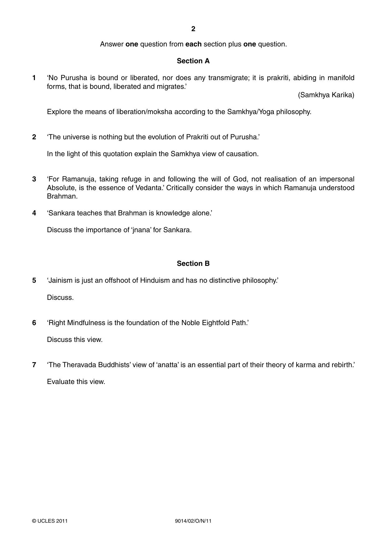 Cambridge A Level Hinduism 9014 2011 Oct/Nov Paper 2 · Variant 1 question paper, page 2 of 4