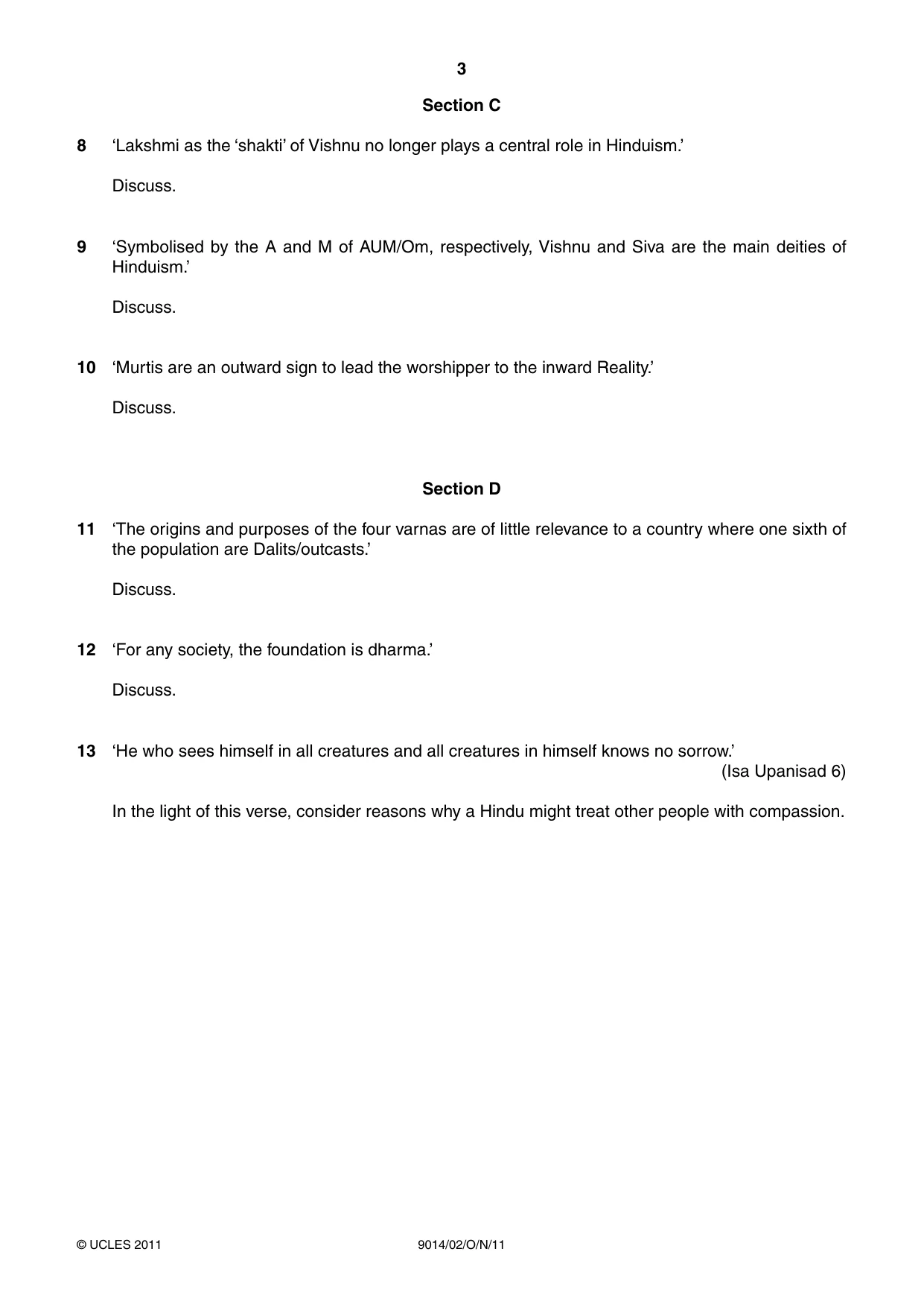 Cambridge A Level Hinduism 9014 2011 Oct/Nov Paper 2 · Variant 1 question paper, page 3 of 4