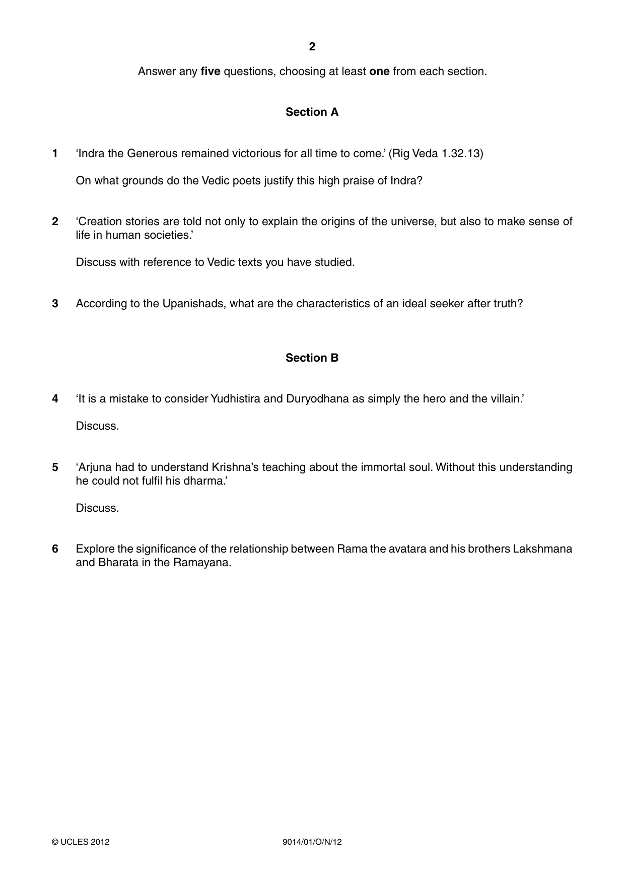Cambridge A Level Hinduism 9014 2012 Oct/Nov Paper 1 · Variant 1 question paper, page 2 of 4
