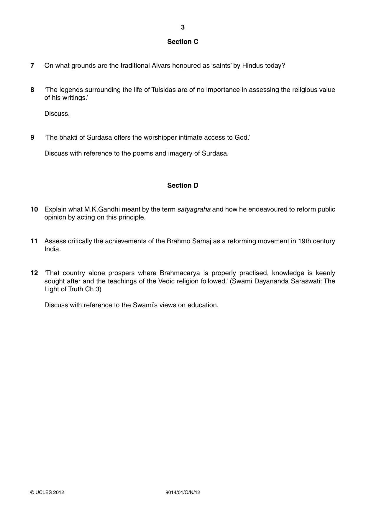 Cambridge A Level Hinduism 9014 2012 Oct/Nov Paper 1 · Variant 1 question paper, page 3 of 4