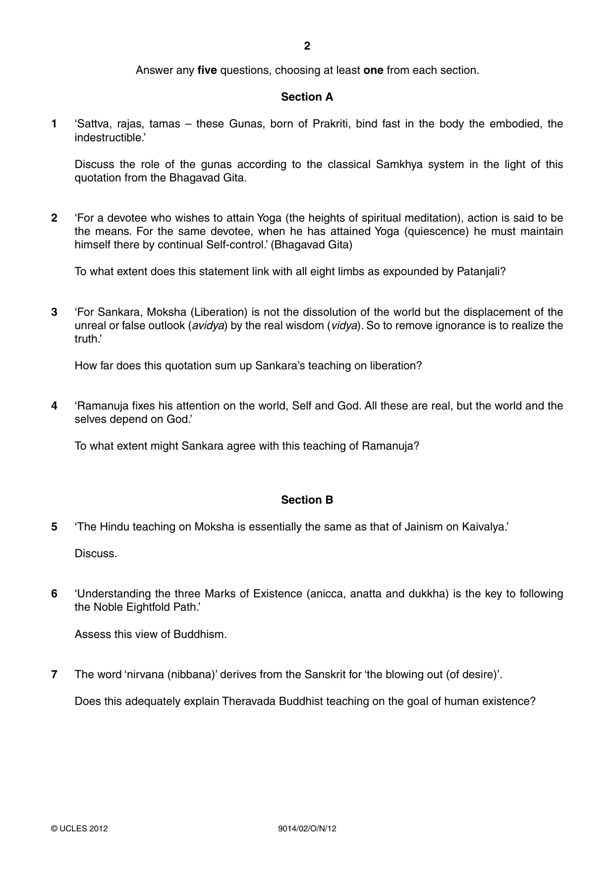 Cambridge A Level Hinduism 9014 2012 Oct/Nov Paper 2 · Variant 1 question paper, page 2 of 4