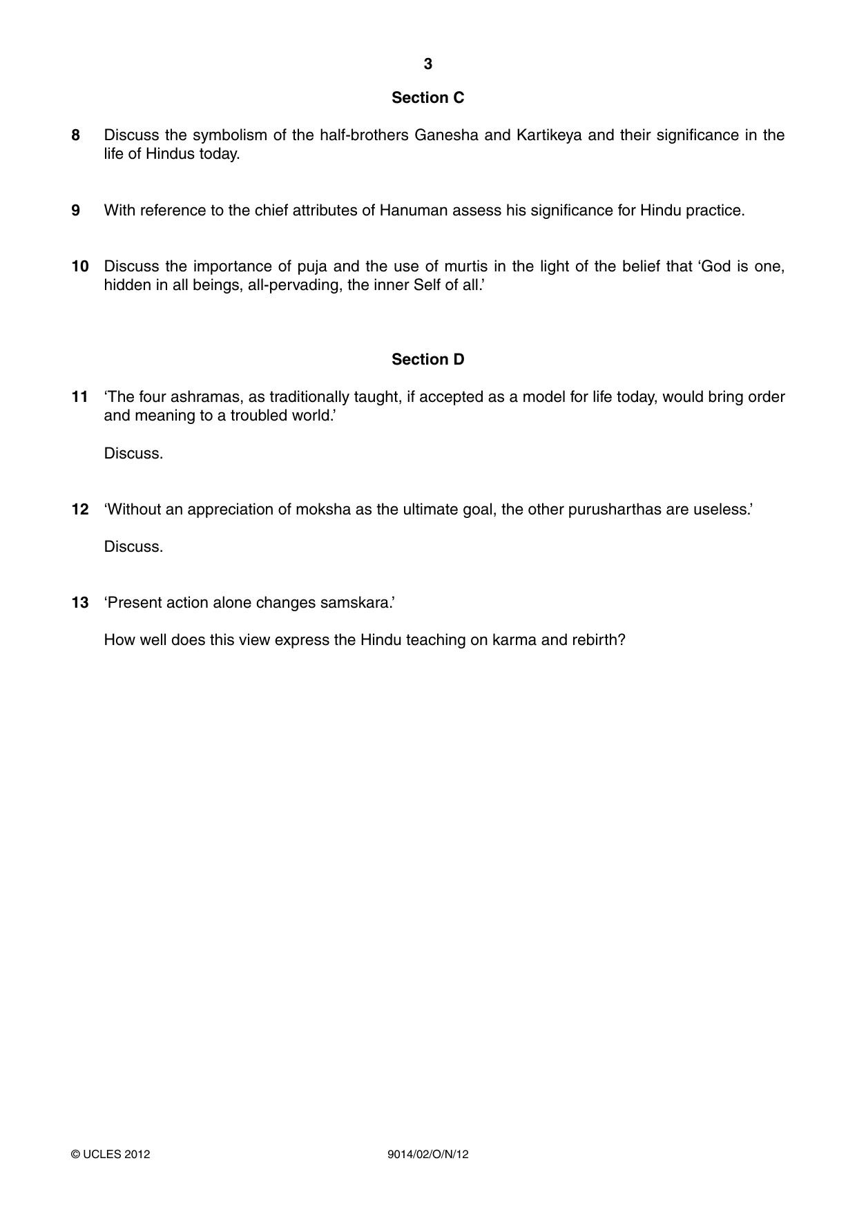 Cambridge A Level Hinduism 9014 2012 Oct/Nov Paper 2 · Variant 1 question paper, page 3 of 4
